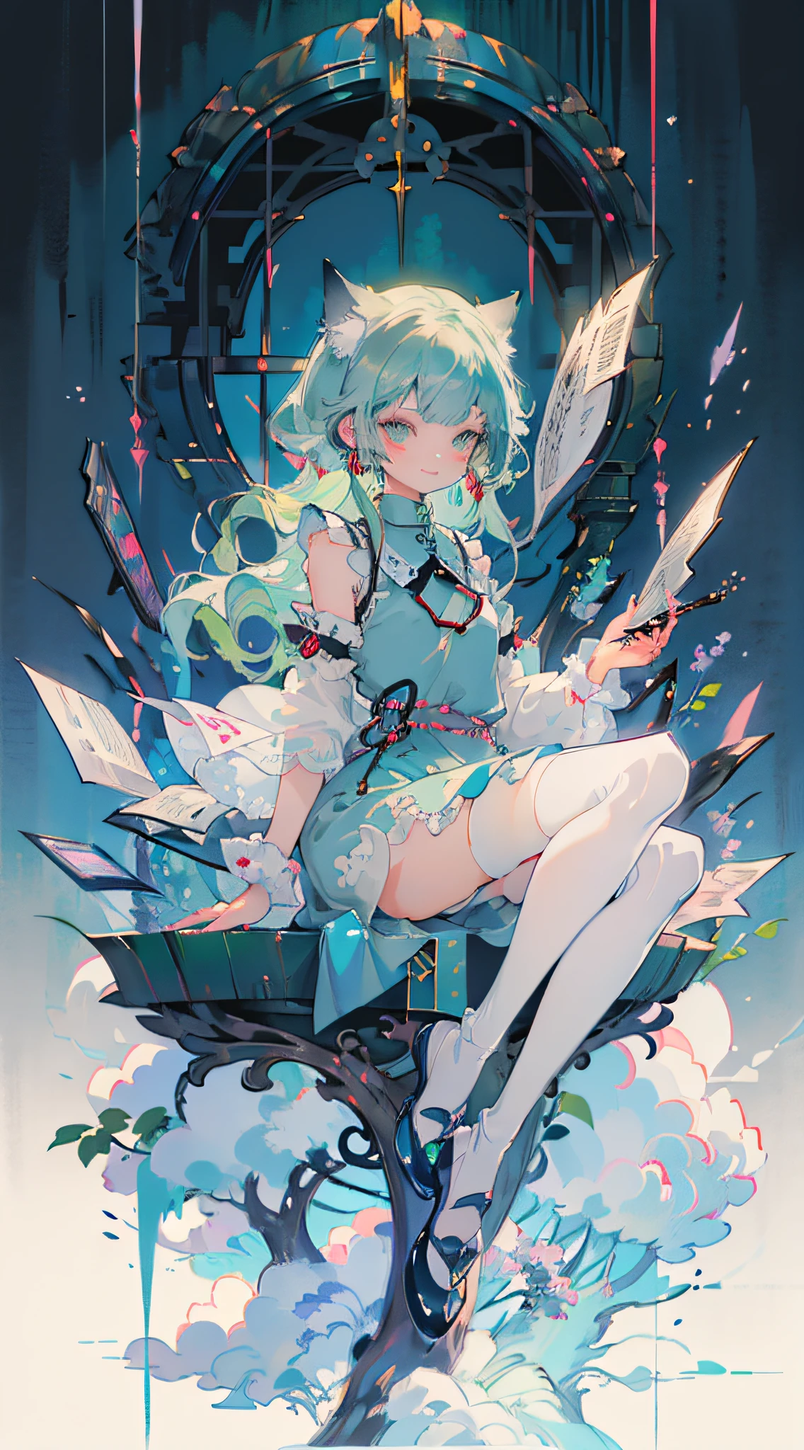 Masterpiece, best quality, mint theme, white hair, mint eyes, black eyes, heterochromia, medium breasts