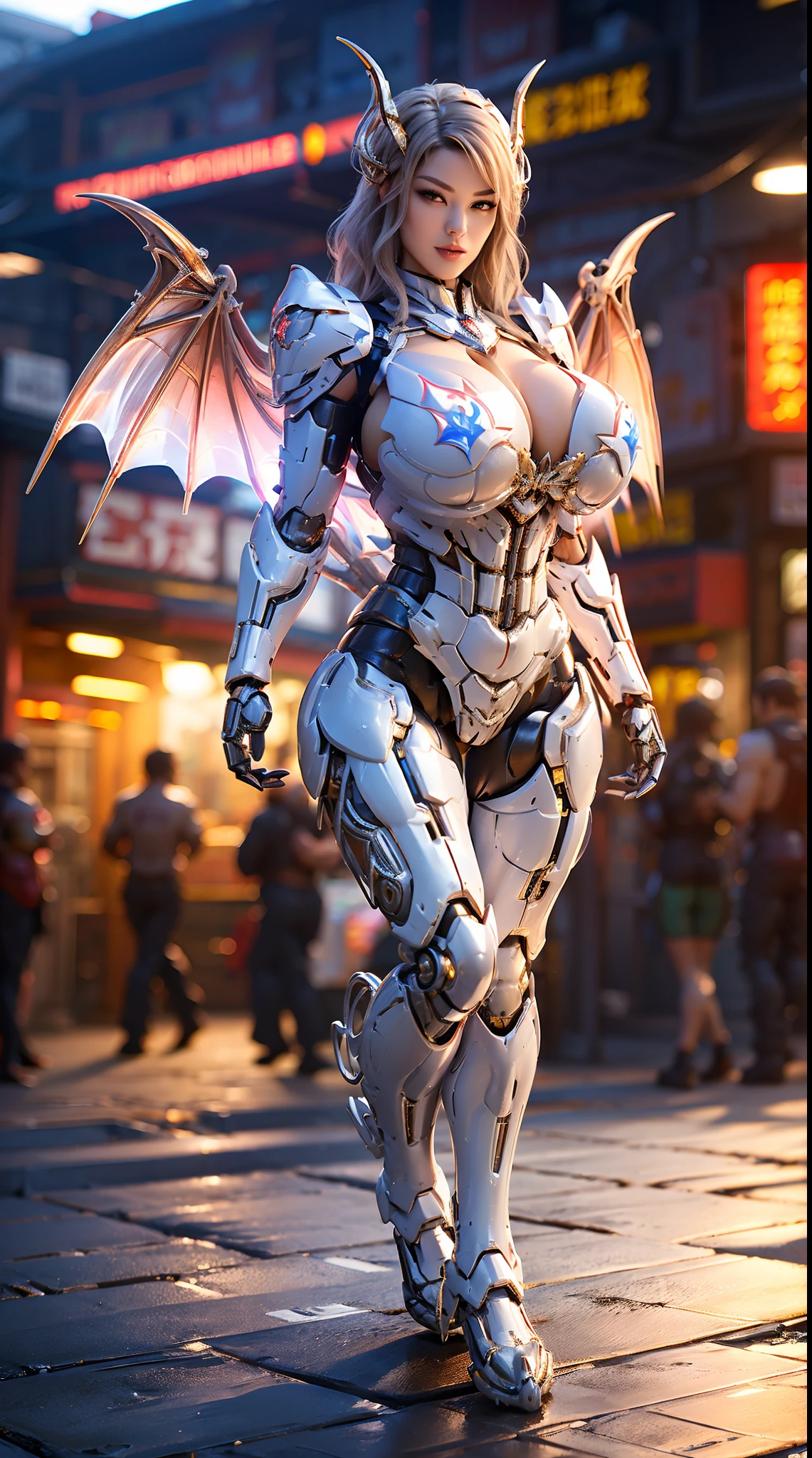 A CUTE WOMAN, BEAUTIFULL FACE, FRONT BANGS, HUGE FAKE BOOBS, WHITE, GOLD, SCARLET, (MECHA DRAGON ARMOR FULL GEAR), (SKINTIGHT YOGA PANTS), (CLEAVAGE), ((A PAIR MECHANICAL DOUBLE WINGS DRAGON:1.2)), (FULL BODY:1), TRANSPARANT, (TALL LEGS:1), (WALKING), (SEXY BODY:1), (MUSCLE ABS:1).