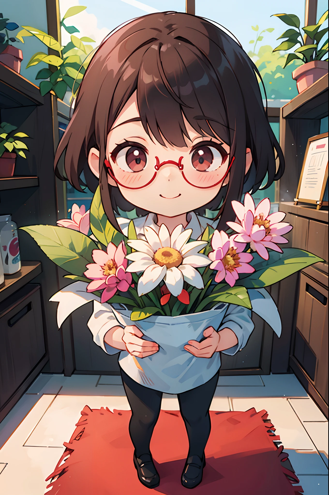 Best Quality、超A high resolution、fullllbody、Girl working in a flower shop、Making a bouquet、 Red glasses、A smile