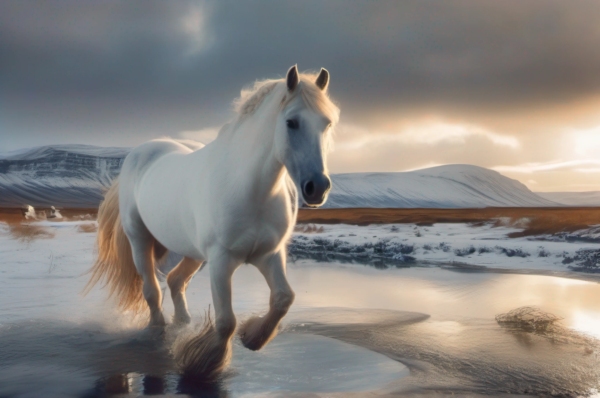 Cinematic masterpiece, beautiful white horse running along a shallow stream facing camera, in Iceland on a bright sunny morning, sun beams visible through clouds, snowy, soothing , aesthetic, ethereal, misty, light reflection in the snow, sense of wonder and adventure. Shot on vast scale, in super wide angle shot, Black magic cinematic camera. Professional photography. HDR, UHD 32k. --AR 16:9, --v 5.2