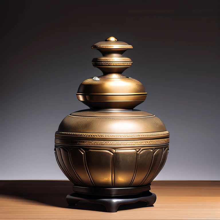 Antique artifacts,The bottle is placed on a boxwood table,Total height 28 cm,There is a lid on it,The buckle is tight,The shape of this gold, platinum, copper bottle,It resembles a copper cleaning bottle unearthed by the shrine monk Tataki,It can be concluded that it is a relic of the Tang Dynasty,Full work, Full of patterns, No text,Forged hammer pattern,Big belly,oguchi,sedate,massiness,Shiny and warm