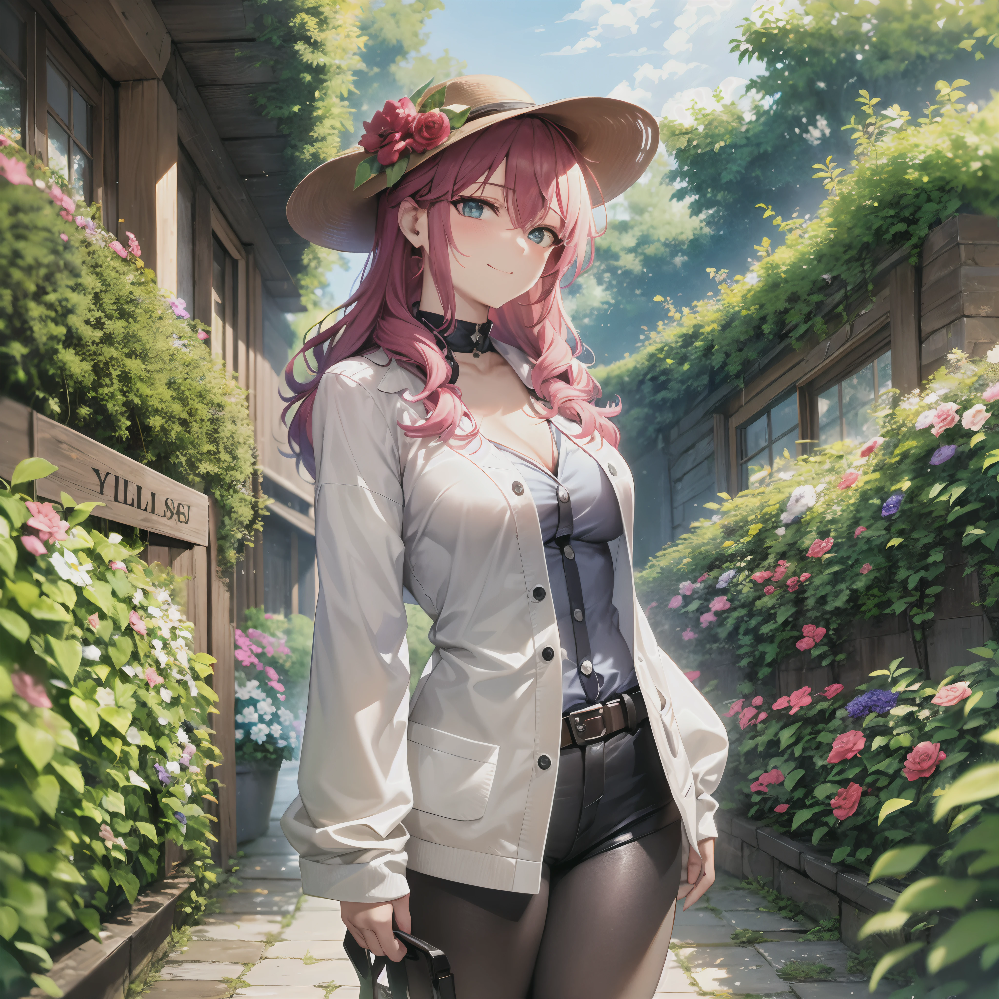 masterpiece, top-quality, absurderes, perfect anatomia, 1girl in, 独奏, feldt grace, cowboy shot, is standing, A smile, Ashamed, Beautiful flower garden、feldt grace