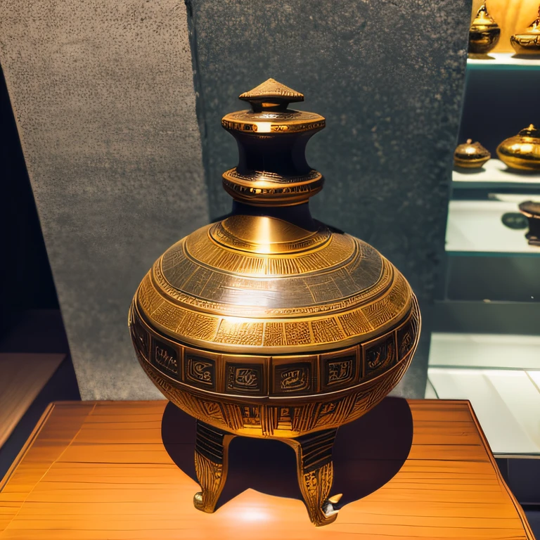 Antique artifacts,The bottle is placed on a boxwood table,Total height 28 cm,There is a lid on it,The buckle is tight,The shape of this gold, platinum, copper bottle,It resembles a copper cleaning bottle unearthed by the shrine monk Tataki,It can be concluded that it is a relic of the Tang Dynasty,Full work, Full of patterns, No text,Forged hammer pattern,Big belly,oguchi,sedate,massiness,Shiny and warm