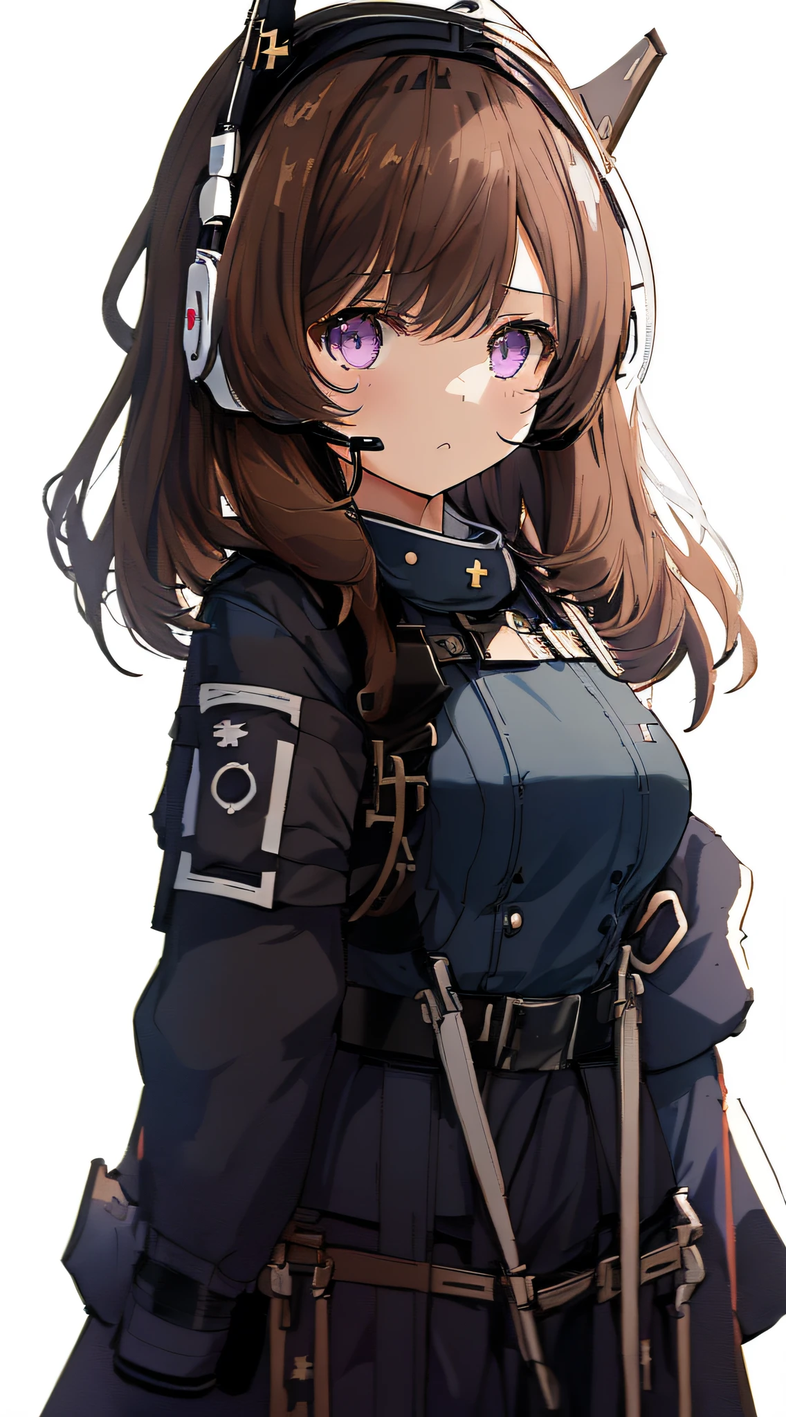 1girl, young girl, solo, a drawing of an android girl, (((loli))), ((short height)), (breasts), (((long brown hair))), ((side parted front hair)), ((purple eyes)), shy expression, (((((black and dark blue military officer uniform))))), ((fighter pilot harness)), ((headset)), ((((((white background)))))), (((no object decorations))), (standing towards viewer), (looking towards viewer), sci-fi, futuristic