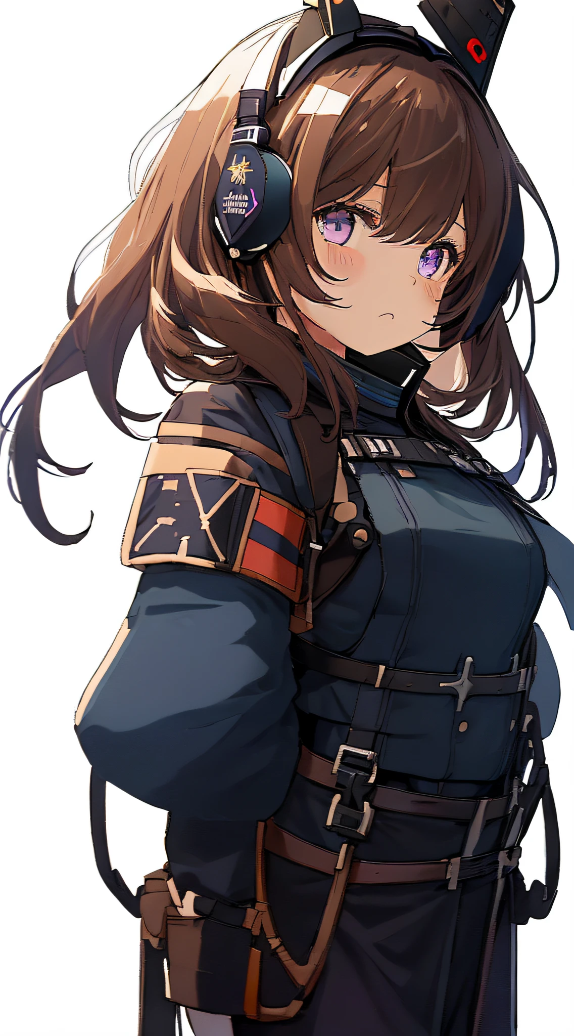 1girl, young girl, solo, a drawing of an android girl, (((loli))), ((short height)), (breasts), (((long brown hair))), ((side parted front hair)), ((purple eyes)), shy expression, (((((dark beige navy officer uniform))))), ((military uniform decorations)), ((fighter pilot harness)), ((headset)), (((((((white background))))))), (((no object decorations))), (standing towards viewer), (looking towards viewer), sci-fi, futuristic