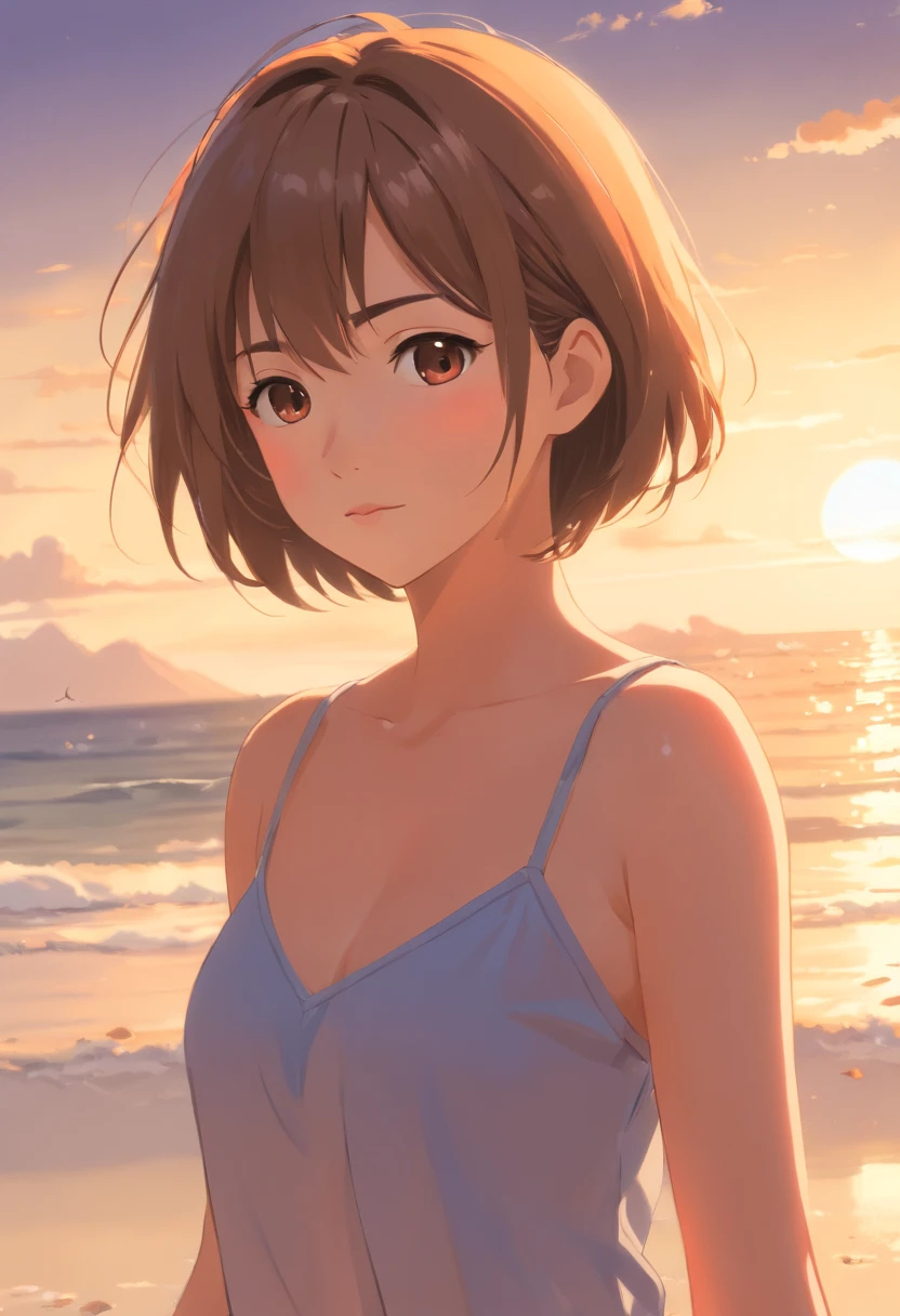 ultra-detailliert, hight resolution, (Realistic, Photorealistic: 1.4), 8K, Raw photo, (masutepiece), (Best Quality), physically-based renderingt, Female college student, Brown hair, sand beach, ((_white_Shirt))、