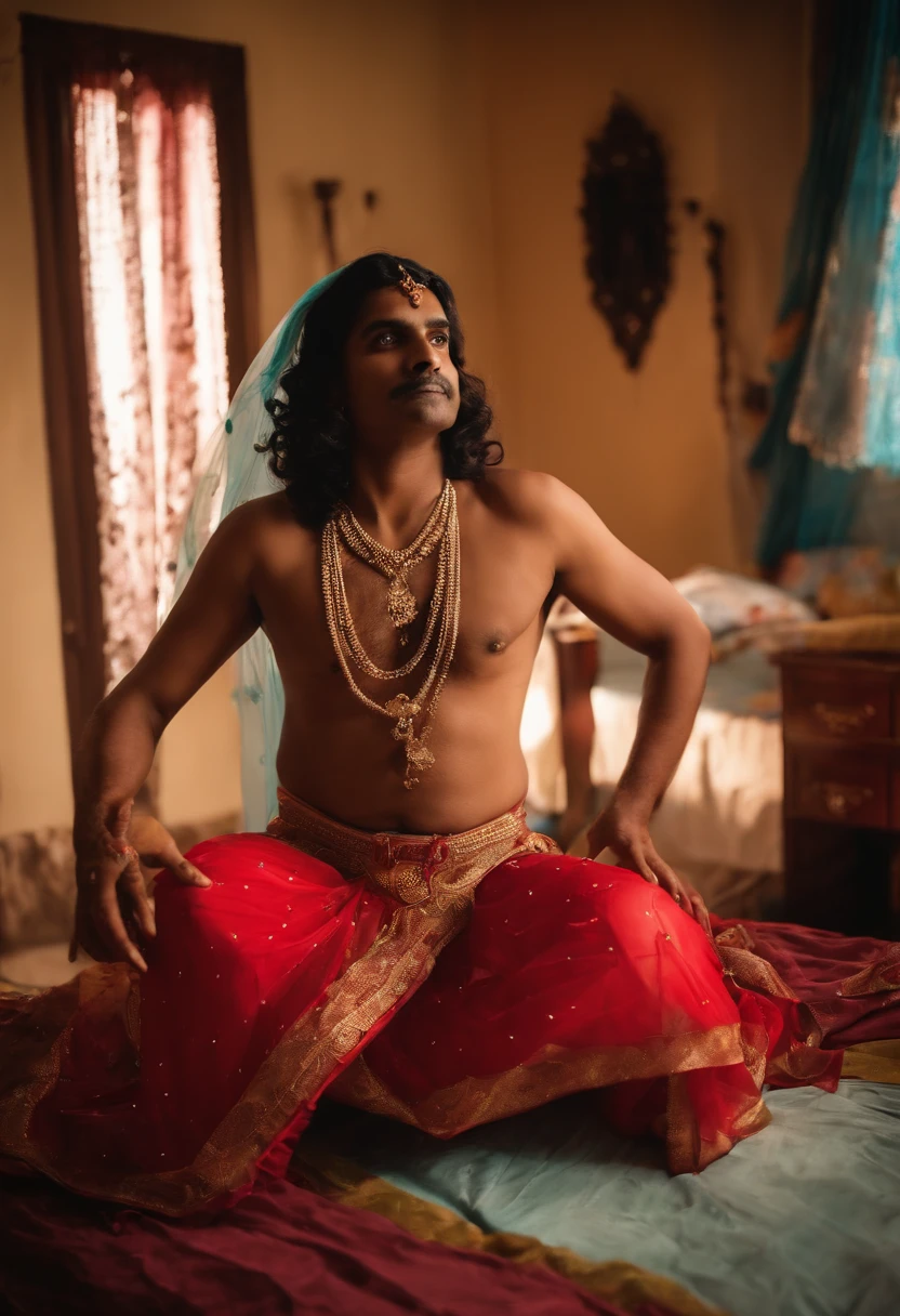 Young Indian father dressed as a woman in bondage and bride costume in underwear hiding from his wife and incest with his son　childs room