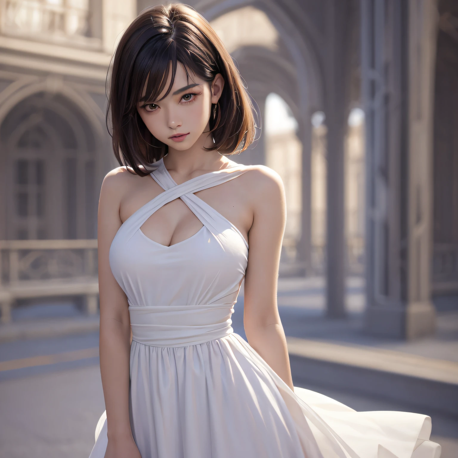 hyper HD, retinas, Masterpiece, ccurate, Anatomically correct, Textured skin, Super detail, High details, High quality, Best quality, A high resolution, 8K, ( Photorealistic ), Symmetrical, ( Bokeh photos ), Cinematic light, model, 1girll, 1 side, in beach, Sunlight, { Daytime | }, { a variety of poses | }, { standing | } the extremely tense and dramatic pictures, the moving visual effects, ( Smaller chest:1.1 ), ( Small butt:1.4 ), { Bob cut | halfupdo }, ( highly detail face:1.2 ), Green eyes, { Smile | Serious }, { white sundress | },C cup,The upper part of the body