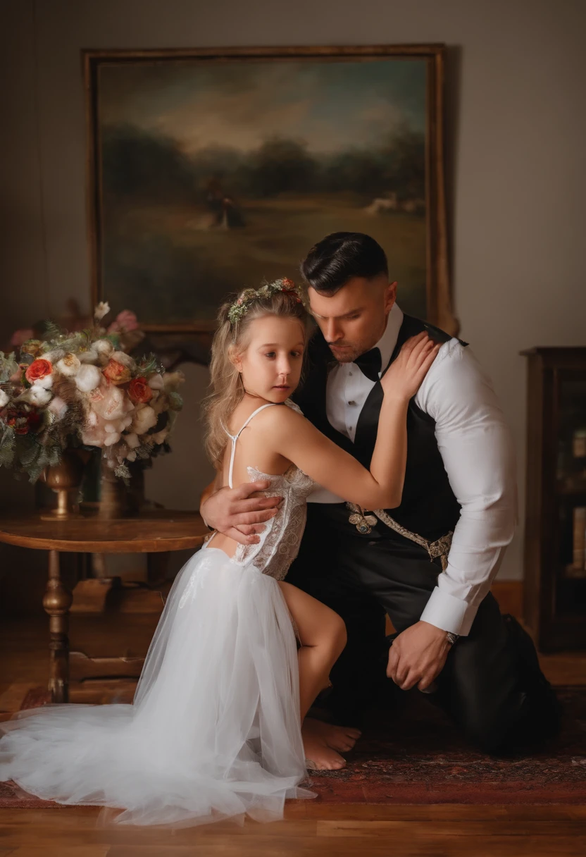 Cross-dressing young father in bondage and bride costume in underwear hiding from wife and incest with son