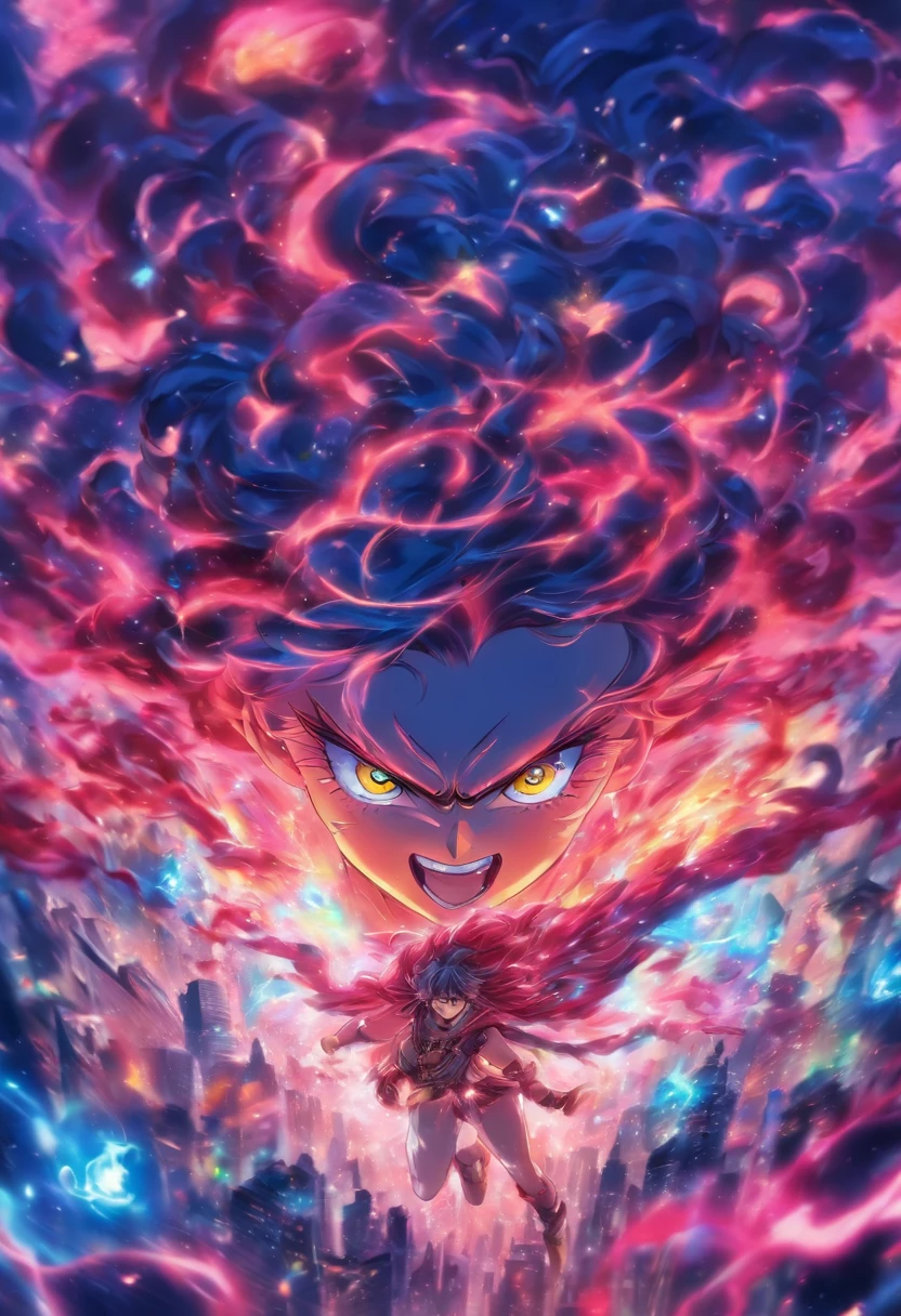Reina demonio, gigantesca, hermosa, pelo rosa, fantasy, joven, aura poderosa, estilo anime, ojos azules, madura, mirada tierna, gran poder