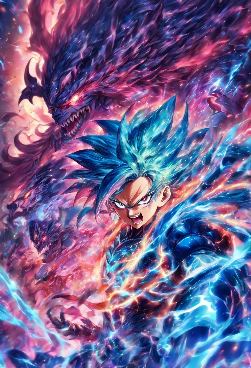 Reina demonio, gigantesca, hermosa, pelo rosa, fantasy, joven, aura poderosa, estilo anime, ojos azules, madura, mirada tierna, gran poder