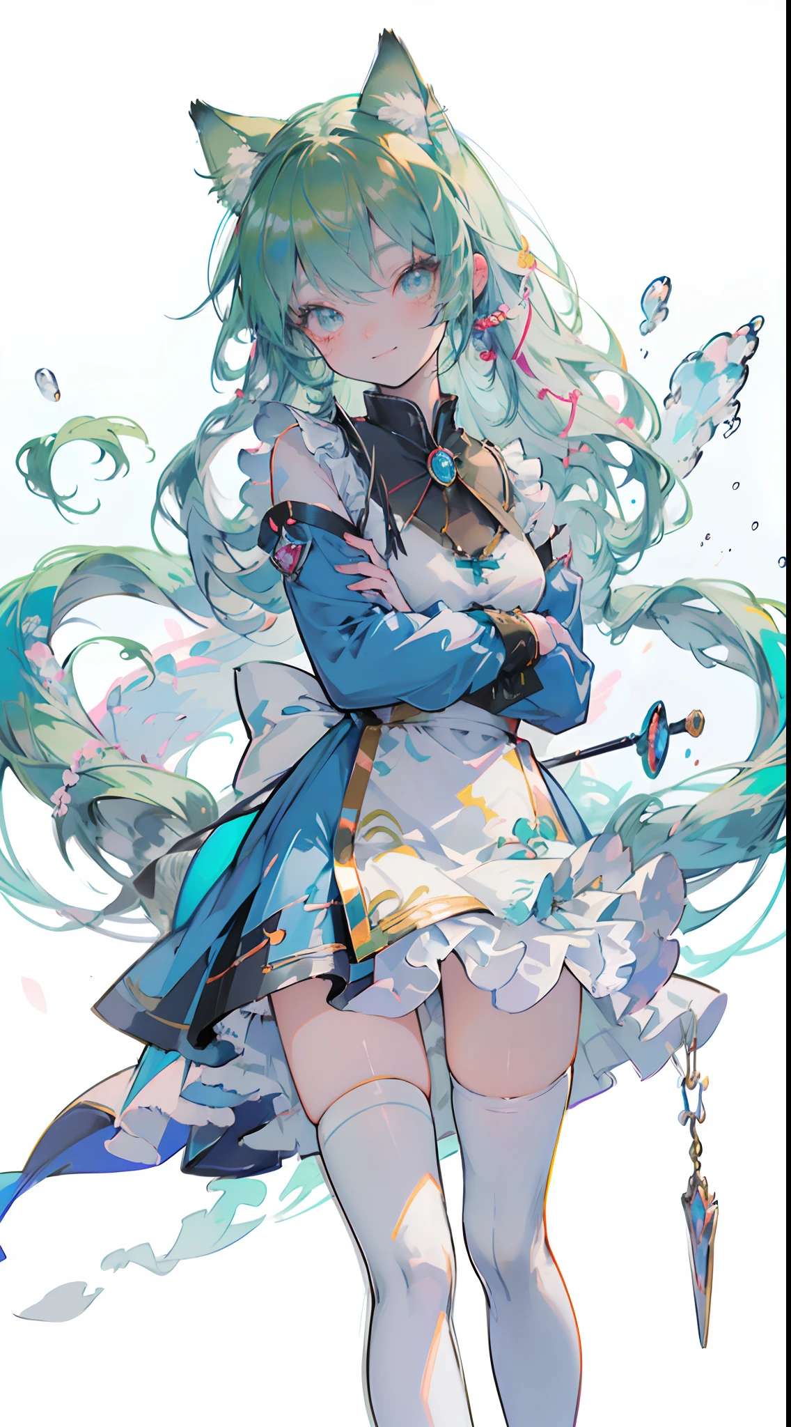 ((masutepiece, Best Quality: 1.1), ((Anime girl in blue dress with magic wand)), Art Nouveau、anime cat girl in a maid costume, Lori, ((Green hairs))、The long-haired、((Shining jewel-like eyes Long eyelashes Transparency))、Very Beautiful Anime Cat Girl, anime catgirl, ((white knee highs)), attractive cat girl, inspired by Leiko Ikemura, aya takano color style, in ryuuou no oshigoto art style, Cat Girl, touhou character, Rei Hiroe、With a smile