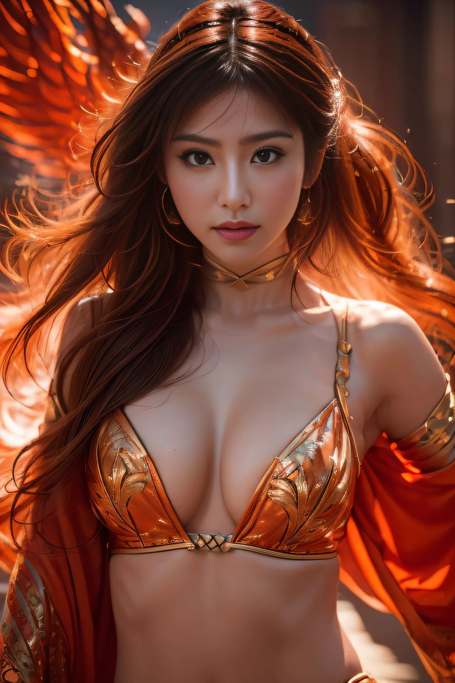 (masterpiece:1.2), ultra detailed, ultra high res, (realistic, photo realistic:1.37), high detail RAW color photo, professional photograph, an extremely delicate and beautiful, extremely detailed, finely detail, huge file size, extremely detailed beautiful girl, extremely detailed face, extremely detailed eyes, extremely detailed skin, extremely detailed nose, extremely detailed mouth, perfect anatomy, highly detailed background, shiny skin, (Japanese famous actress:1.2), (gyaru:1.45), flat chest, (Belly dancer with less cloth:1.3), (flat chest:1.3), cinematic Pose, dynamic lighting, nsfw, lens flare, (phoenix:1.25),