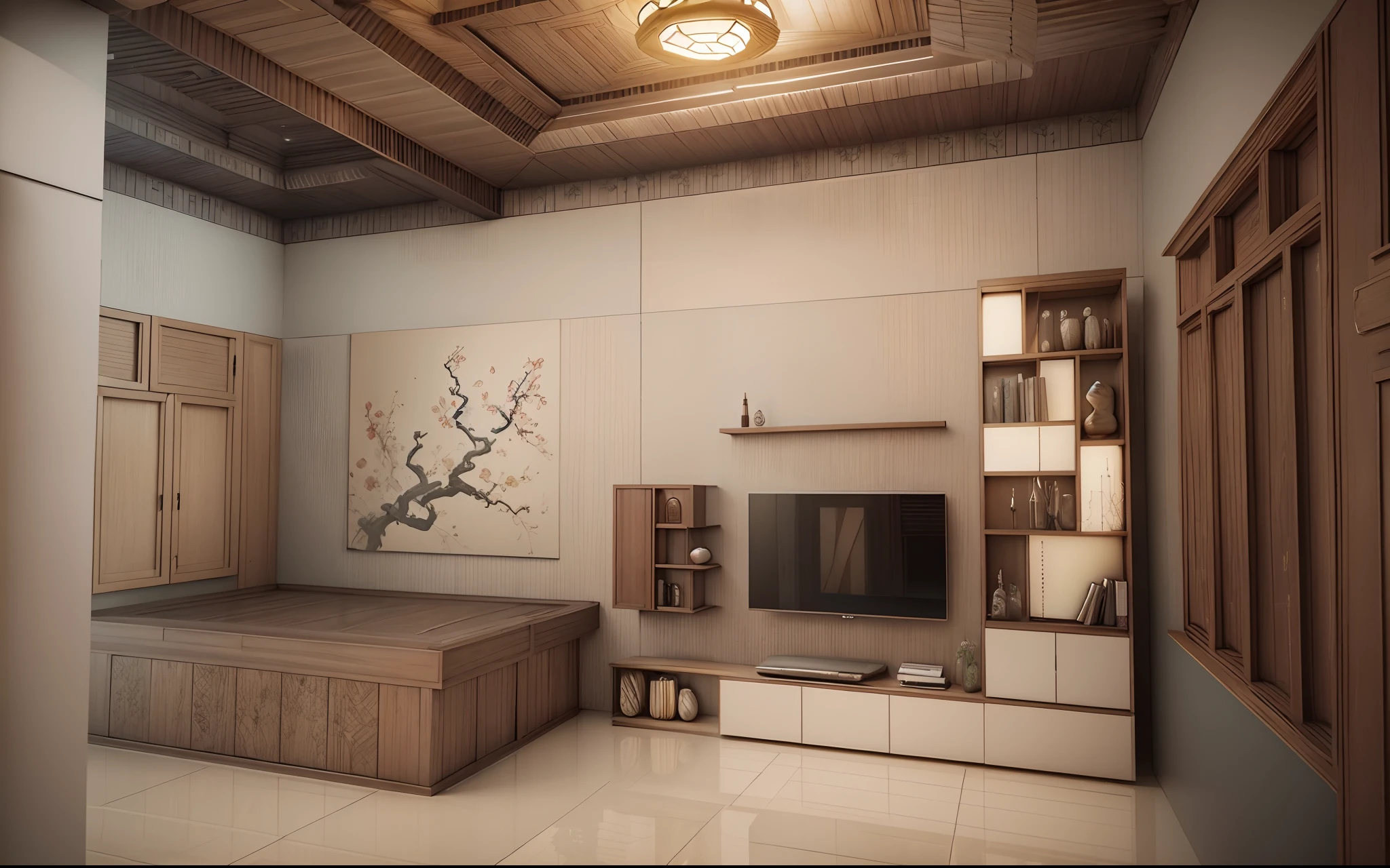 Interior design corridor floor plan, Southeast Asian style decoration, multi-angle display, 3d rendering, comfortable interior lighting, super detail, movies, furniture and windows in the evening, 8K