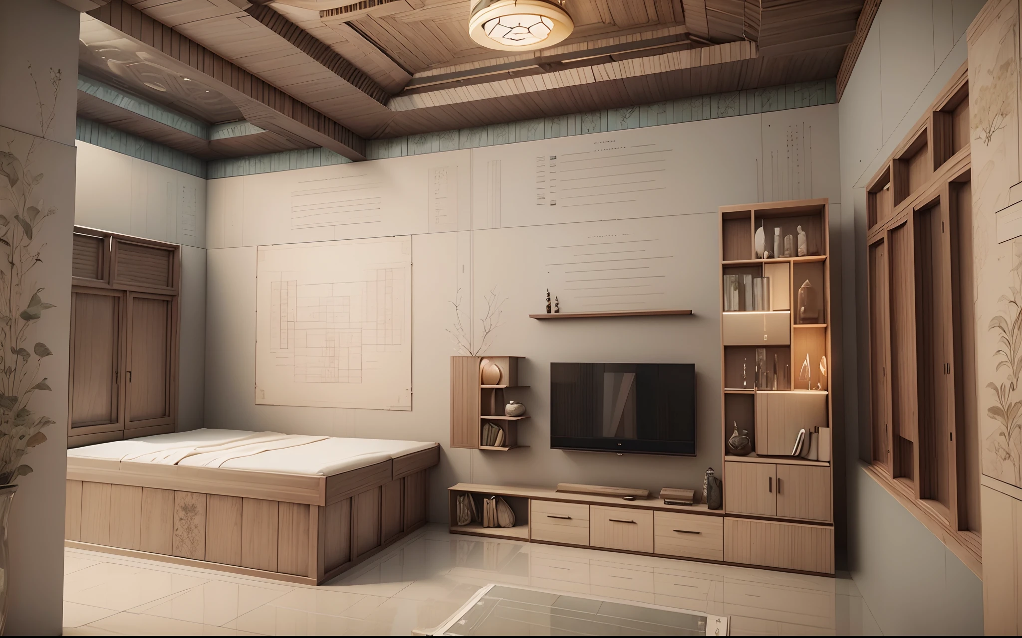 Interior design corridor floor plan, Southeast Asian style decoration, multi-angle display, 3d rendering, comfortable interior lighting, super detail, movies, furniture and windows in the evening, 8K