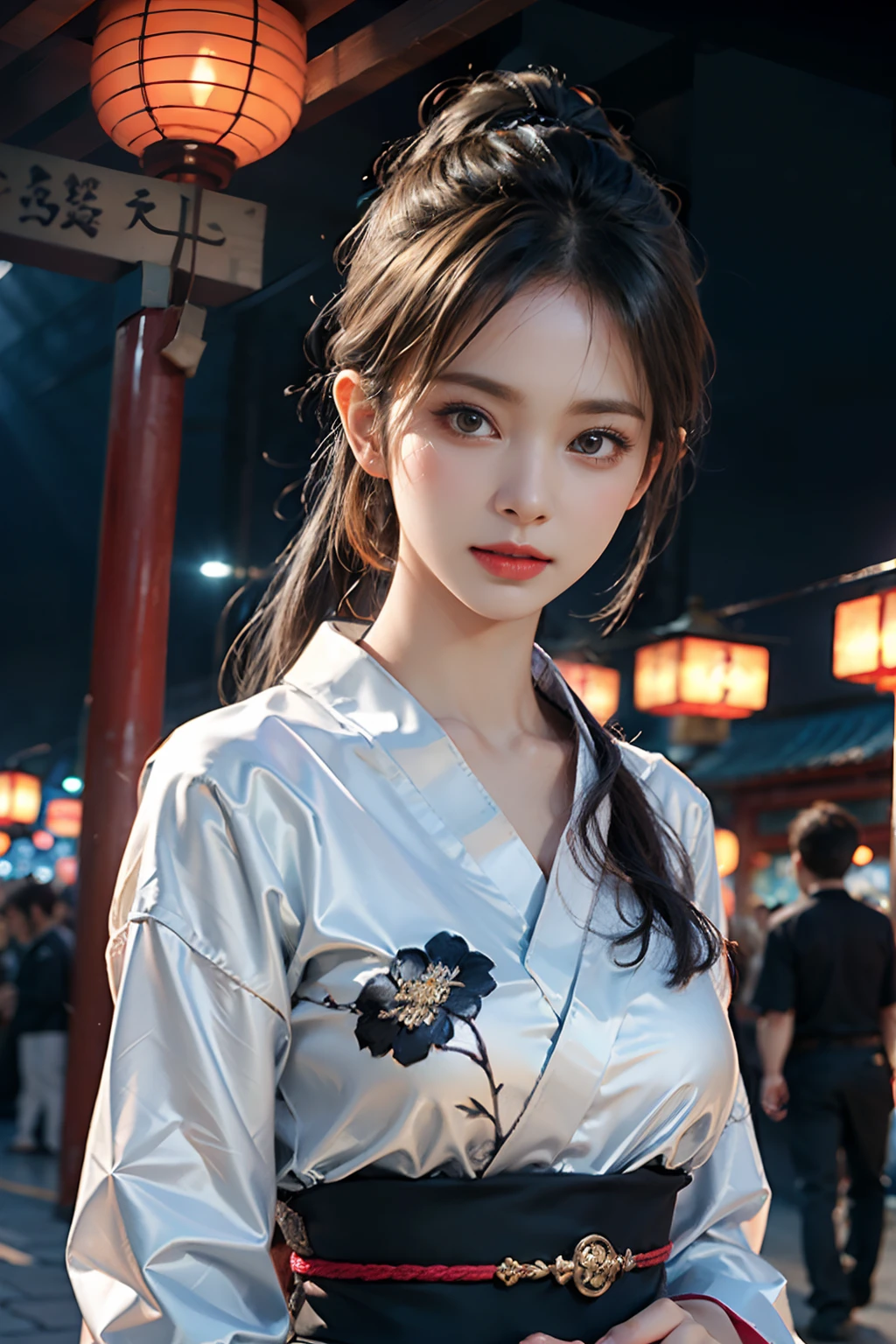 电影灯光,(((tmasterpiece))), ((best qualtiy)), ((intricate and detailed)), ((Ultra-realistic realism)), 4K,1beautiful woman, 25-years old, poneyTail,Ultra-fine yukata,beautiful countenance,Beautiful brown eyes,face perfect,A slender,large full breasts,having a good time, Large fishbowl , Swirling flocks of goldfish, Floating goldfish, Graphic illustration, see fishes swimming,A lot of goldfish, amazing depth, Cutest, Lots of fish balls,Goldfish scooping at a summer festival, (The background is the summer festival of the shrine:1.4), Silver hair, split ponytail, star-shaped pupils, conceptual art, Art Nouveau, Glowing light, nffsw, Textured skin, masutepiece, Anatomically correct, Best Quality, 8K