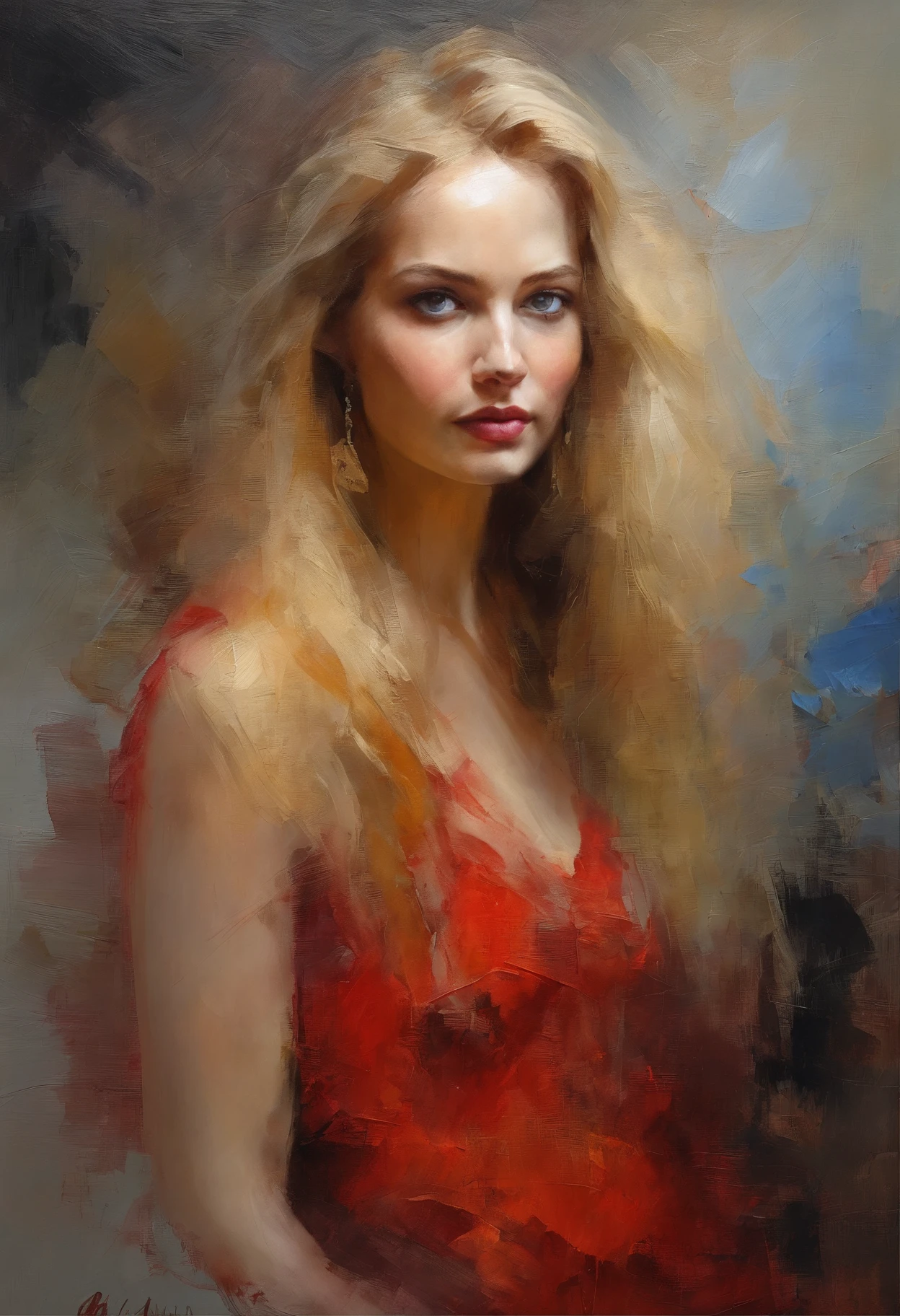 Female portrait, very beautiful woman, long blond hair, eyes looking at camera, smiling, red dress, acrylic painting, bold and expressive brushwork, impressionistic style, epic surreal background, very heavy brushstrokes with thick textured paint, expert lighting and shadows, fine art painting, Wadim Kashin.