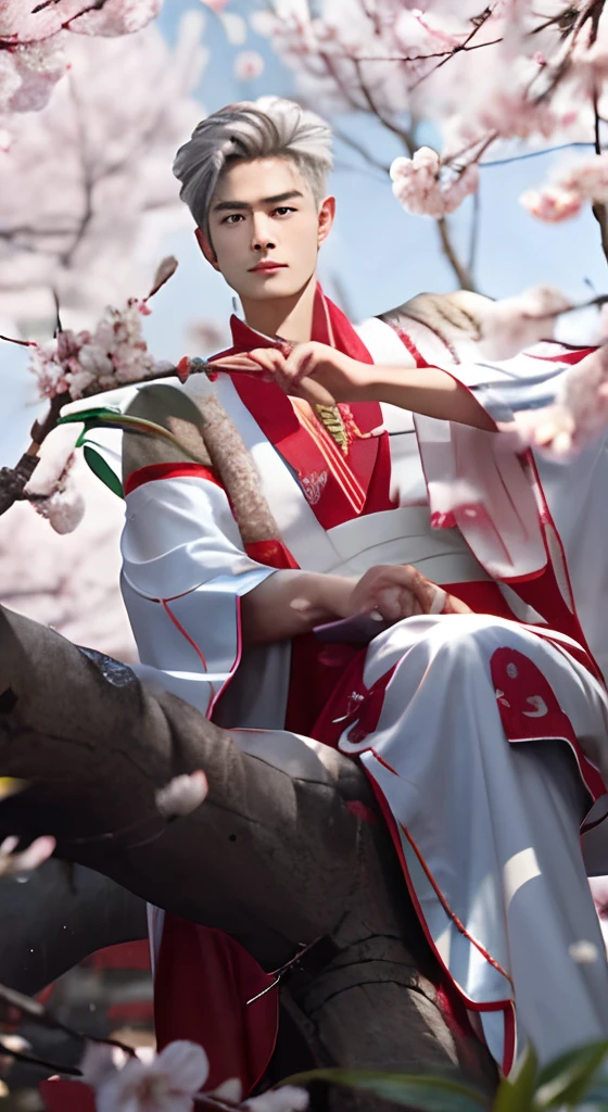 Handsome Asian,Melon seed face,Gray hair sits on a branch,White color hair,middle parted hairstyle,Exquisite facial features,Wearing an ancient Chinese white robe,The middle of the clothes is red,Holding a white feather fan,Background under cherry blossom trees,Best quality,Top quality