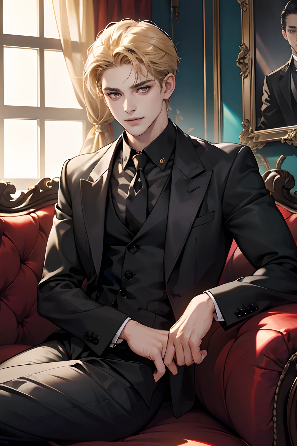 (tmasterpiece, high resolution, ultra - detailed:1.0), 1boy, Perfect male body, Eyes look at the camera, (short golden hair, forehead , Black shirt, black 3-piece-suit,Evil smile, Sit on the sofa in a deluxe living room), window, color difference, Depth of field, dramatic shadow, Ray tracing, Best quality, Portrait,Extremely detailed CG, 8k wallpaper