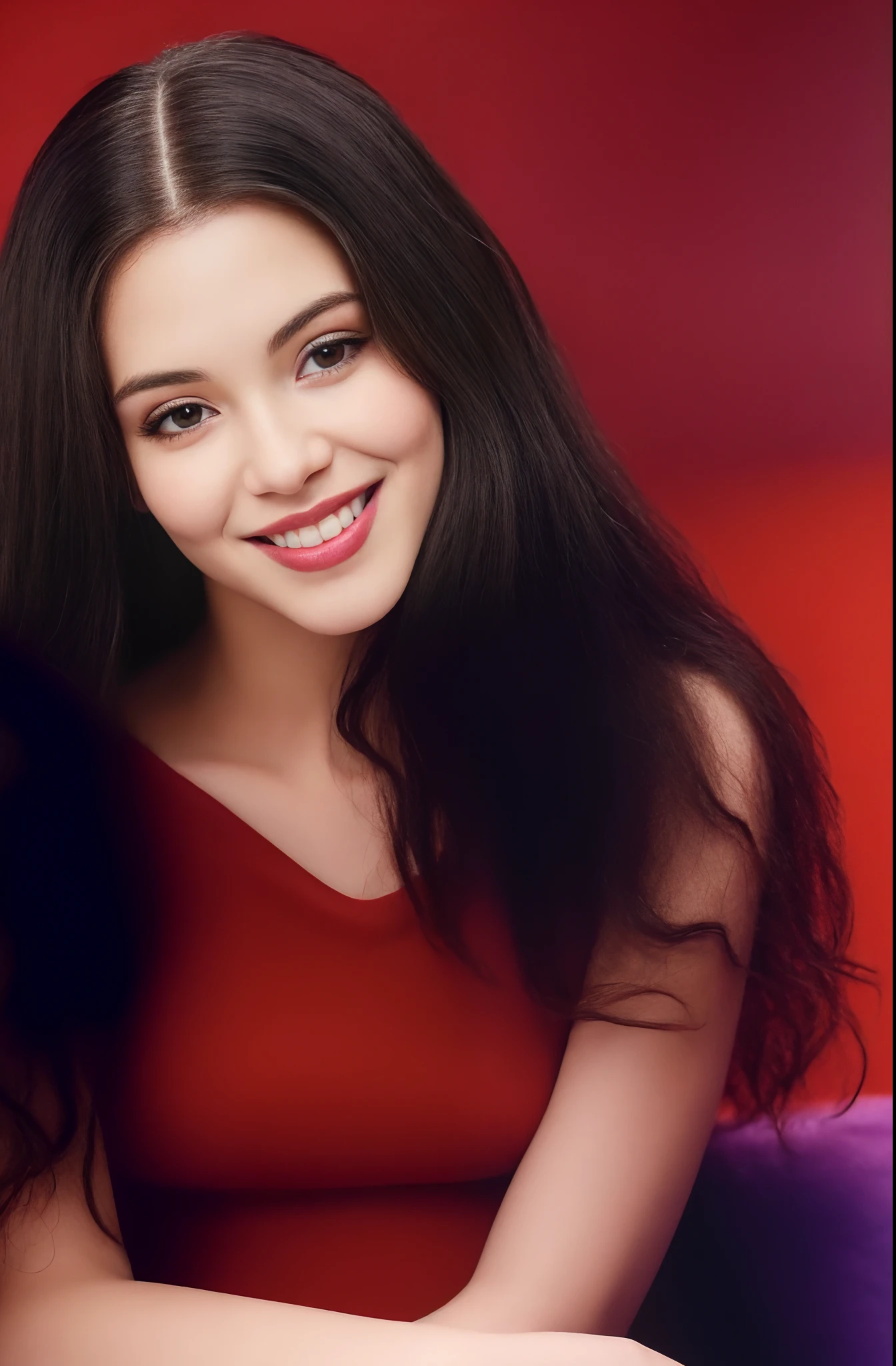 1 mexican girl, 25 years old, Long Wavy black Hair, dark brown eyes, black hair, nude, beautiful Breasts, smiling, red lipstick