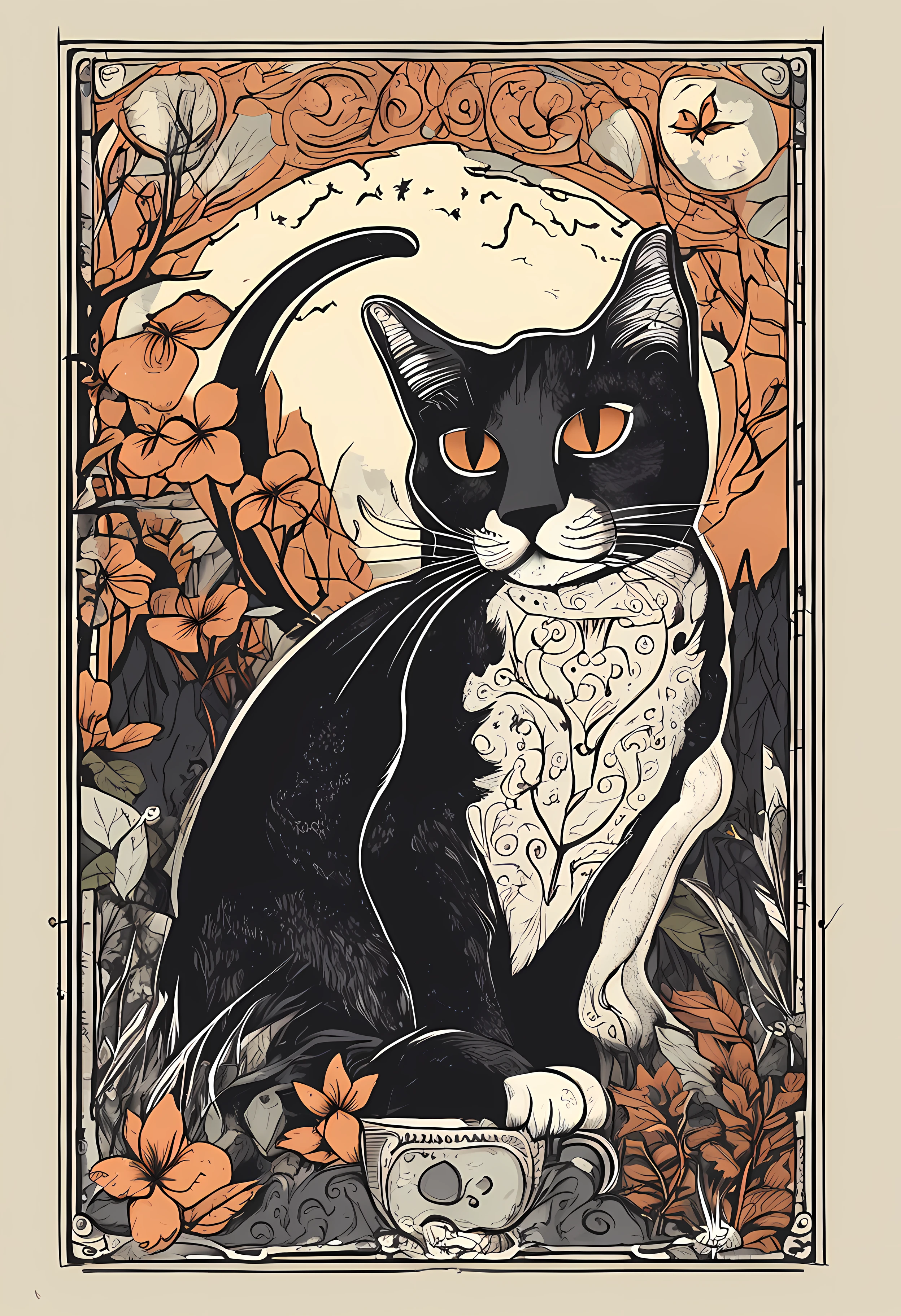 gato inteiramente preto, cartoon, tarot, lua, bosque