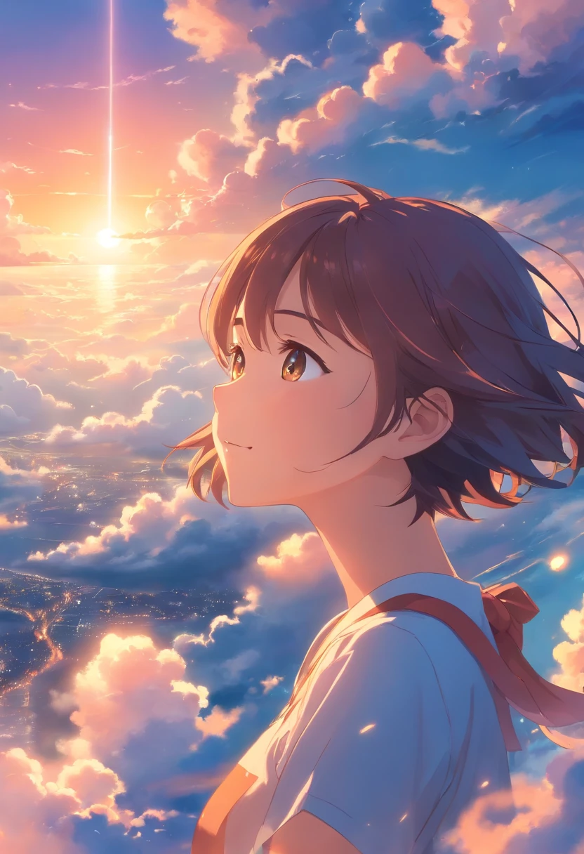 masterpiece, best quality, movie still, 1girl, cloud girl, floating in the sky, close-up, bright, happy, warm soft lighting, sunset, (sparks:0.7)