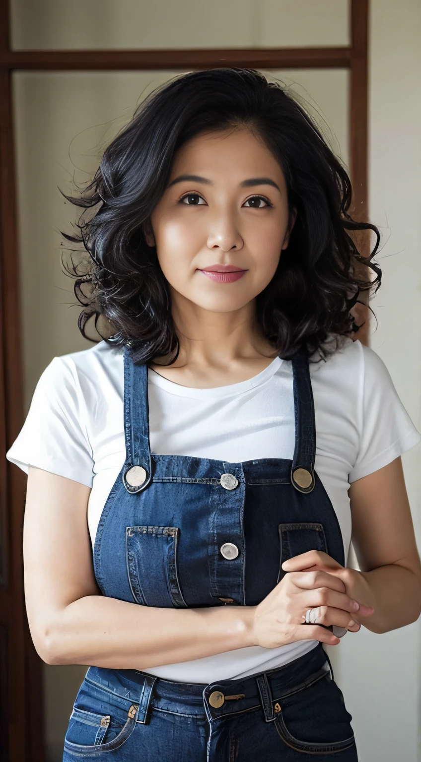 ((Best quality, 8K, Masterpiece, Portrait: 1.3)), (View viewers), Photorealism, Sharp focus, Solo, The Moro Islamic Liberation Front of Japan, Beauty,Wavy hair, Wrinkles at the corners of the eyes, to emphasize, ((Big breasts:1.3))),,30 years old, curlies, Wrinkled eyes, (white tight t-shirt, denim pant)((looking at viewert))