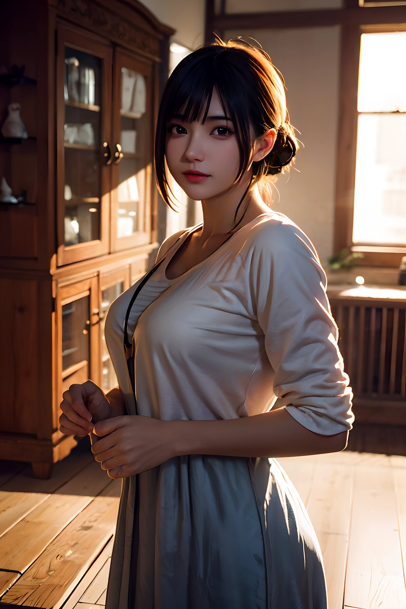 NSFW, (RAW photo), (Realistic), (photo-realistic), ultra high resolution, masterpiece, highest quality, portrait, facial portrait, perfect lighting, detailed lighting, dramatic shadow, ray tracing, 1 Japanese beautiful lady, 25 years old, round face, Idol face, Voluptuous, cleavage, plump body type, beautiful detailed brown eyes, chubby lips, red lips, big tits, big ass, big thick thighs, abs, muscle, medium straight hair, black hair, half open mouth, smiling, looking at viewer, ((Camisole:1.2)), ((mini skert:1.2)), (skirt lift:1.3), (from bottom:1.3), in old Japanese room,