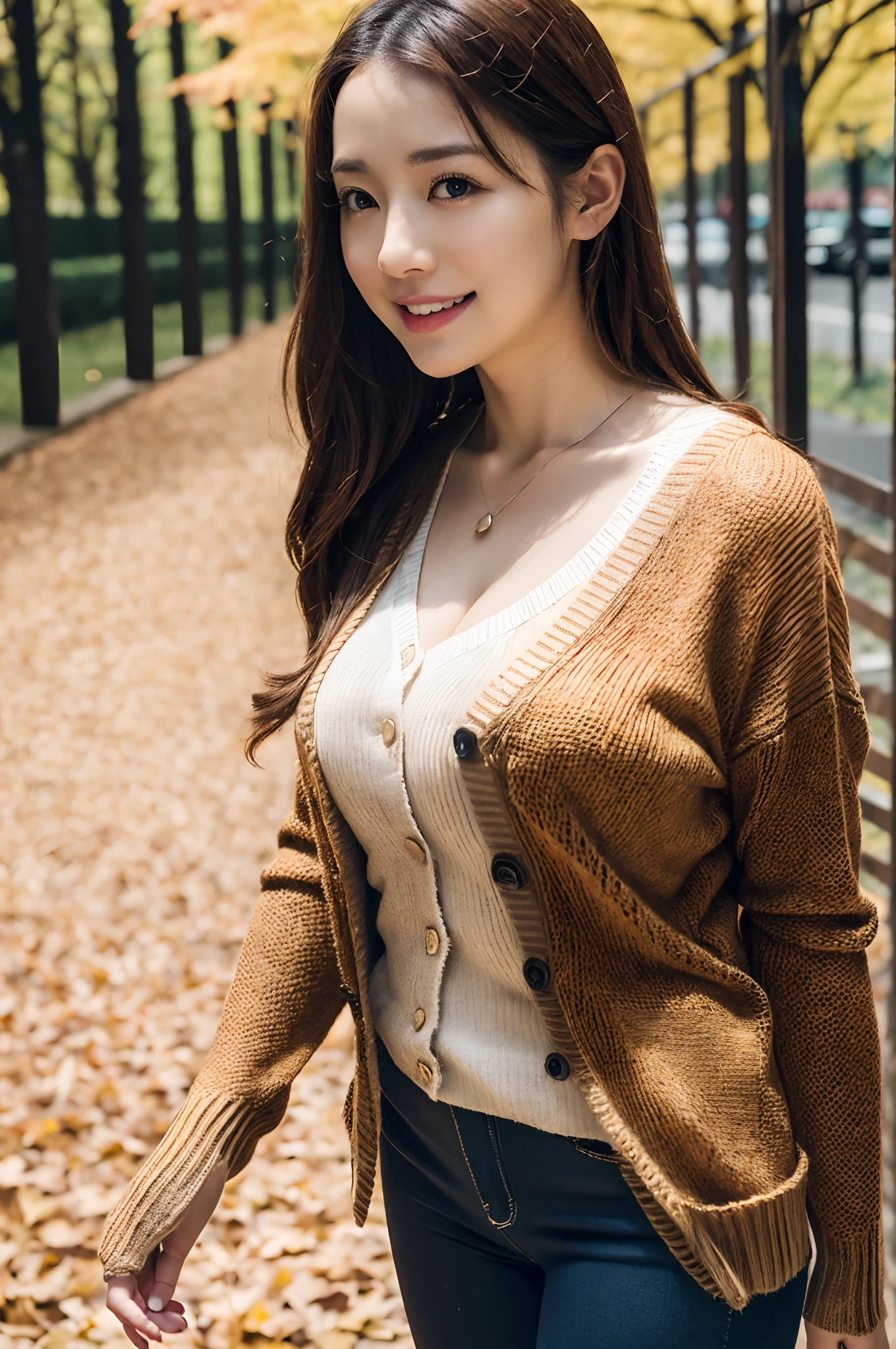 autumnal,Landscape of autumn leaves、Falling leaves,lacepantyhose,((Long cardigan with front closed、leggins、Tight pants))、depth of fields,Real Light,Ray traching,OC Renderer,UE5 Renderer,Hyper-realistic,best qualtiy,8K,Works of masters,super-fine,Correct anatomy、Asian Women, (8K、RAW Photos、top-quality、masterpiece:1.2)、(realisitic、Photorealsitic:1.37)、25-years old、1人、light brown hair、详细的脸、Detailed lips、detailedeyes、(huge-breasted:1.5)、Alafed Women,half laugh