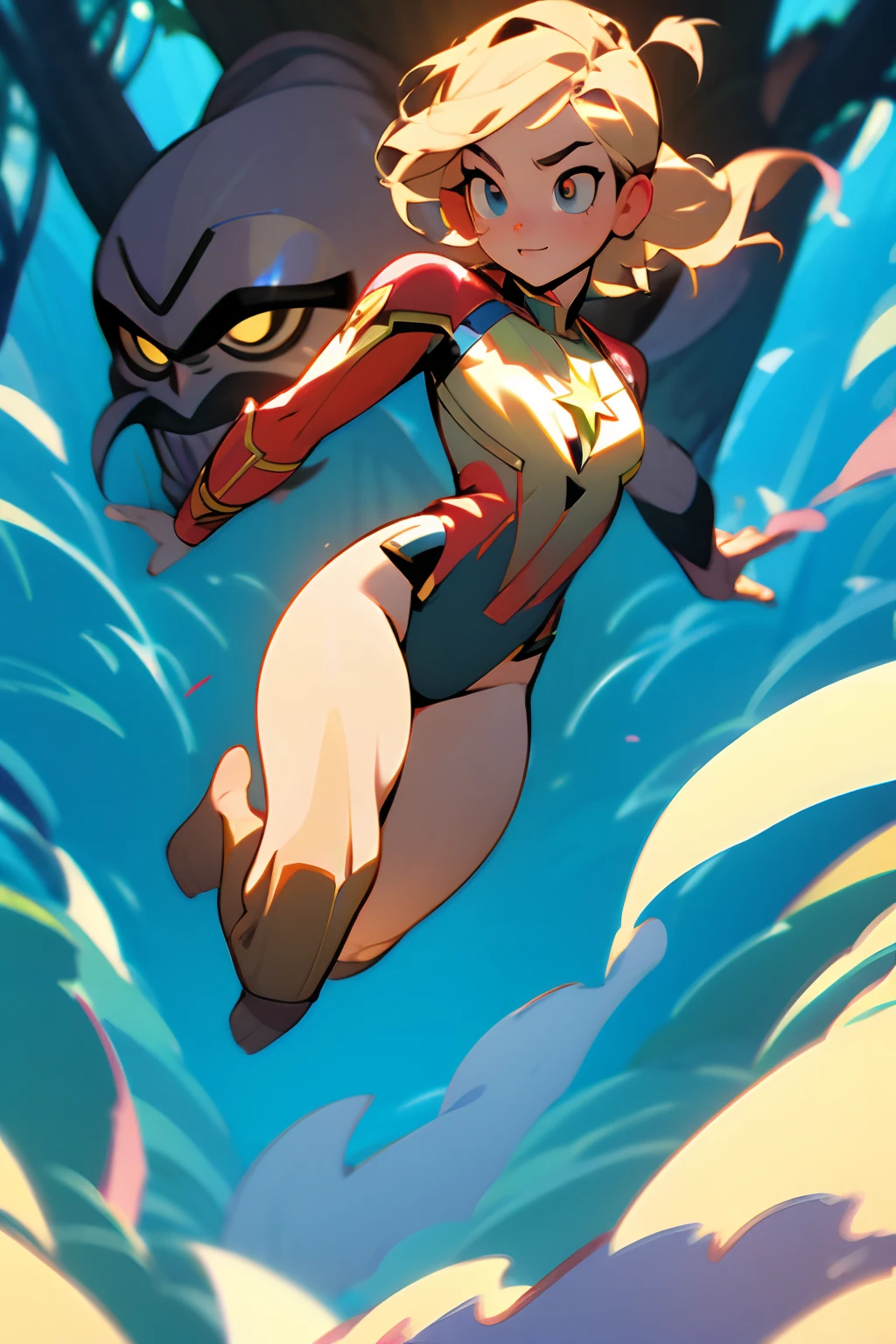 (masterpiece), best quality, full body view, expressive eyes, beautiful eyes, perfect face, beautiful face, cute smile, full body view beautiful young Brie Larson as barefooted Captain Marvel, nsfw, thick thighs, thigh gap, cameltoe, no panties, no underwear, upskirt, big breasts, hard nipples, perky tits, no shoes, bare feet, beautiful feet, perfect feet, she is running towards the viewer through the forest jungle,