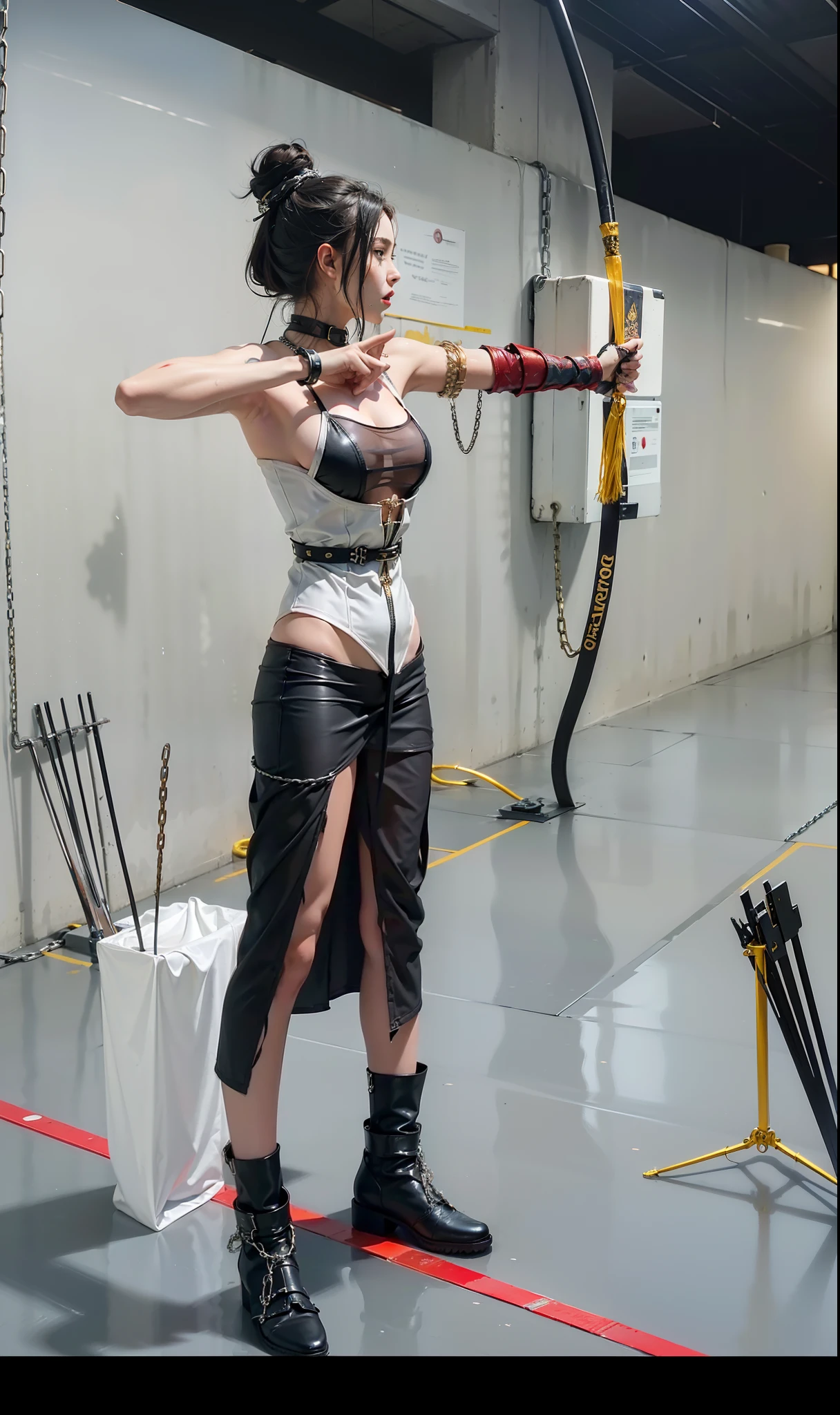 ,((Wearing a torn sheer costume of a superheroine)),(, No bra)), Wet crotch, Wet thighs, Beautiful girl with accentuated slender abs: 1.4, (((nipple tips protruding, areola is protruding, The shape of the pubic region is clearly visible)), sixpack abs: 1.4, Bust Botox, Photo, Sharpness, Unique 850 4, Koda850 k portrait camera, F1.6 shots, Ultra-realistic textures, Spectacular light textures, Cinestil 800 Fashion Mechanics, (futuristic sci-fi battle fashion: 1.1), (tied perfectly by chain), Restraint, Slaves, collars, ((wide prison with sunlight)), Dark fantasy, Realistic material details, extreme hight detail, Ultra-realistic materials ((Torn costume))), Wet, Cloudy, (Chained)), ((big emphasized by chains)), ((chains digging into crotch)), ( (Collar)), (, No bra), shredded costumes, broken golden shields and battle spears,, White combat gloves, Combat shoulder armor, Blood splattered on the face, Blood splattered, Realistic, (Bruises, Dirty, ripped clothing, skimpy clothing, Blood: 1.3),  Torn Cape, Torn pantyhose, Long legs, ((iron pipe in the crotch)), Metallic shackles and fetters, ((chains hung from heaven)), Wet crotch is clearly visible, Swarovski's sword and the anatomy beneath his feet, (futuristic sci-fi battle fashion, Torn mesh stockings),