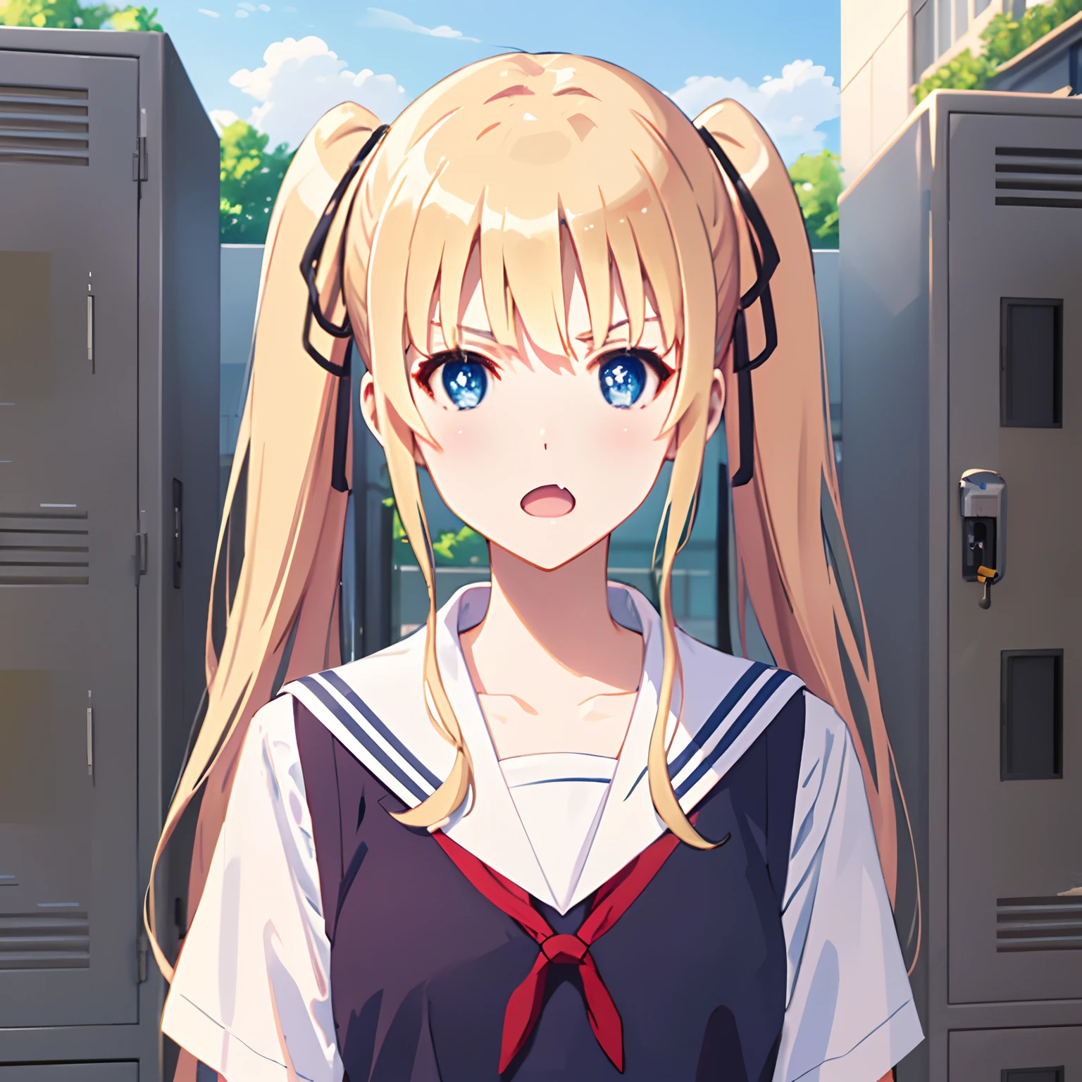 ph_eriri, sawamura spencer eriri, 1girl, blonde hair, blue eyes, school uniform, twintails, solo, fang, long hair, open mouth, hair ribbon, locker, anime coloring, parody, serafuku, blush, bangs, sweater vest, black ribbon, cloudy sky, sky, trees, (masterpiece:1.6, best quality), (finely detailed beautiful eyes: 1.2), 
, (masterpiece:1.6, best quality), (finely detailed beautiful eyes: 1.2),