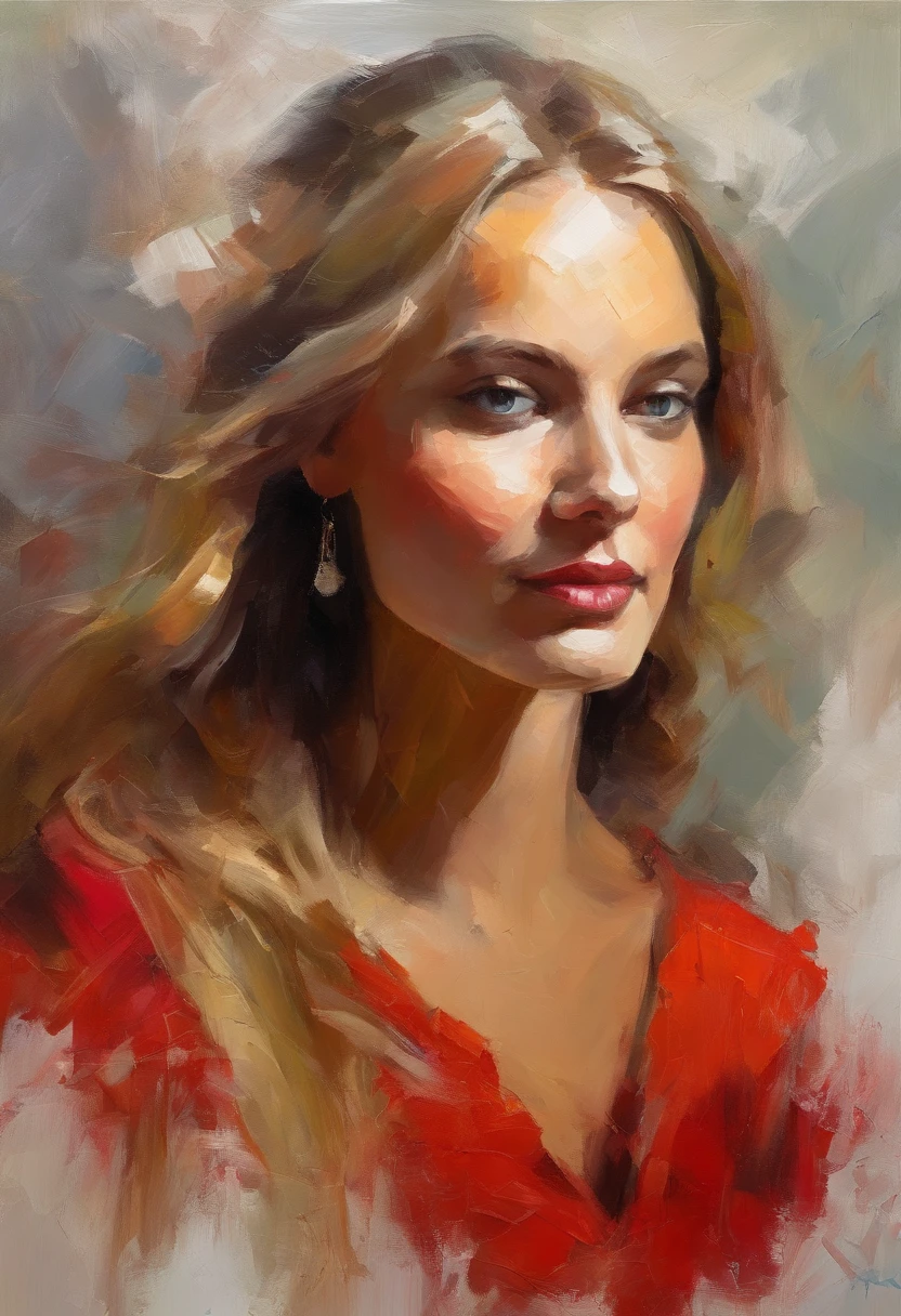 Female portrait, very beautiful woman, long blond hair, eyes looking at camera, smiling, red dress, acrylic painting, bold and expressive brushwork, impressionistic style, epic surreal background, very heavy brushstrokes with thick textured paint, expert lighting and shadows, high contrast, fine art painting, Wadim Kashin.