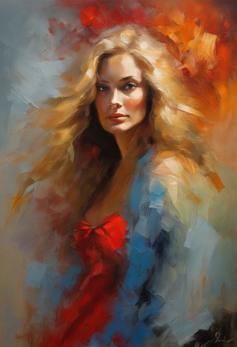 Female portrait, sophisticated beautiful woman, long blond hair, smiling eyes, looking at camera, low cut red dress, acrylic painting, bold and expressive brushwork, impressionistic style, detailed face, epic surreal background, heavy brushstrokes with thick textured paint, expert lighting and shadows, high contrast, fine art painting, Junyi Liu.