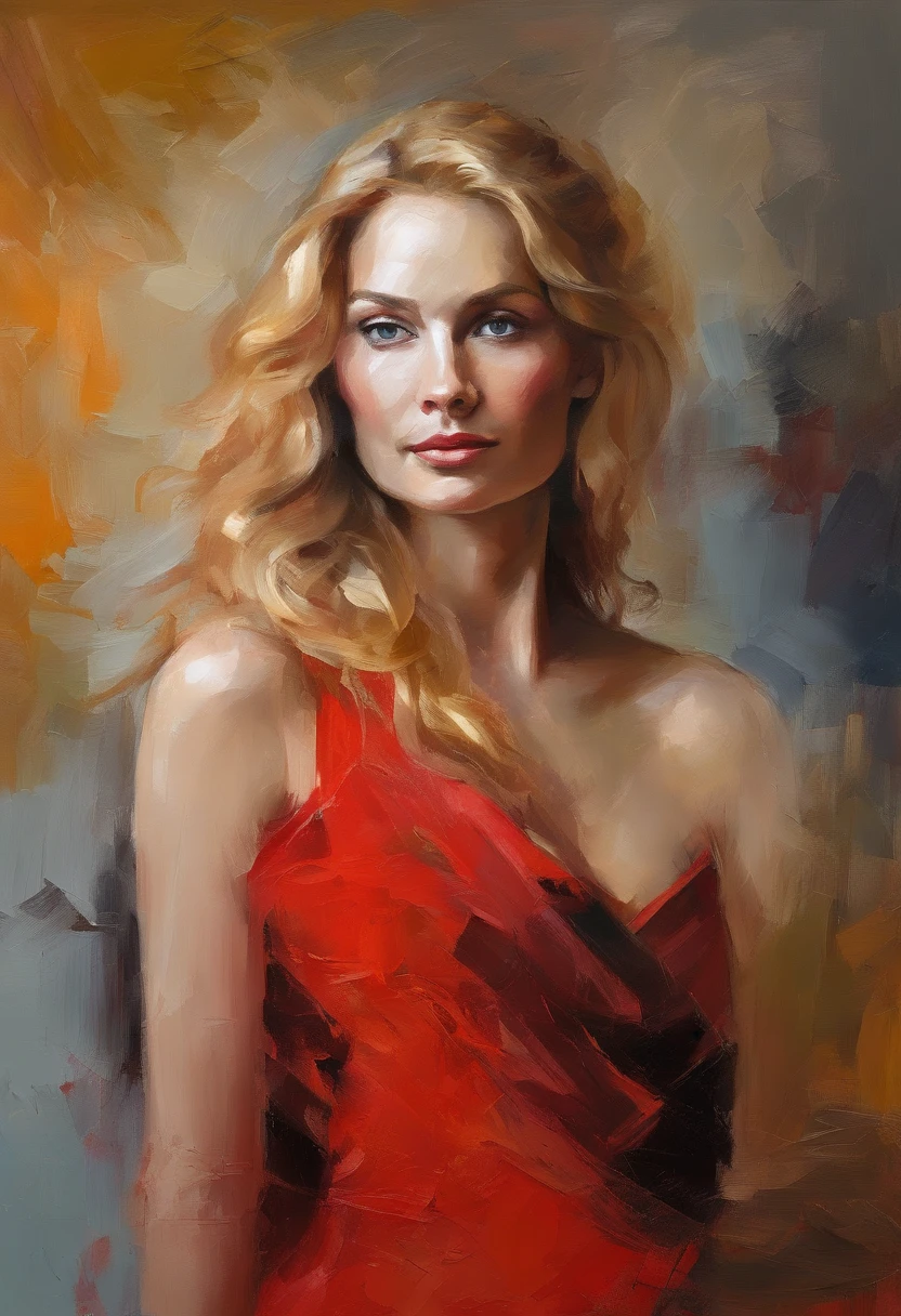 Female portrait, sophisticated beautiful woman, long blond hair, smiling eyes, looking at camera, low cut red dress, acrylic painting, bold and expressive brushwork, impressionistic style, detailed face, epic surreal background, heavy brushstrokes with thick textured paint, expert lighting and shadows, high contrast, fine art painting, Junyi Liu.