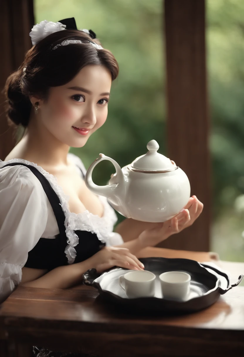 1girl,18 years old,(cleavage between breasts:1.2), beautiful eyes,smile, japanese idol, extremely pretty, cute, perfect face, fascinating smile, captivating smile, happy smile, large round eyes, Gentle facial expression, (Carrying awestern style teapot placed on a Western-style tray:1.3), looking at the viewer, 1girl, masterpiece,realistic, white panties,round big eyes, shiny skin,small nostrils,light makeup, (french traditional black maid costume:1.2),maid headdress,short hair,socks, shallow depth of field,