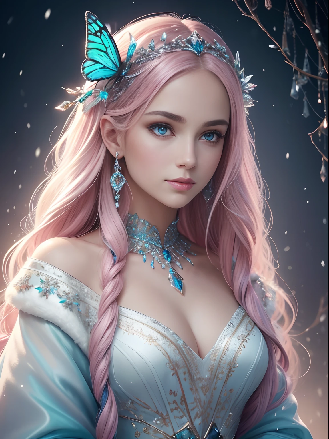 mulher de cabelo rosa with stethoscope on the neckEsta é uma obra-prima mulher de cabelo comprido rosa com jaleco comprido de healer e médica de enfermeira estilizado azul e rosa dos anos 20, Long hair full of ribbons, with stethoscope on the neck, very long pink hair with detailing on the strands and a small braid on the head with a pastel blue ornament of stones and blue flowers