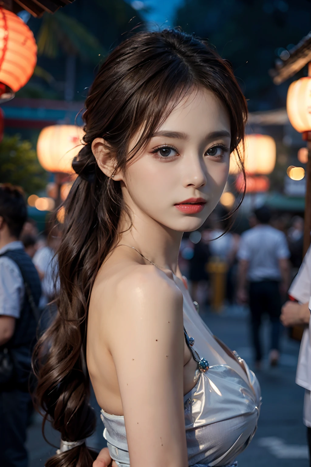 电影灯光，(((tmasterpiece))), ((best qualtiy)), ((intricate and detailed)), ((Ultra-realistic realism)), 4K,1beautiful woman, 25-years old, poneyTail,Ultra-fine yukata,beautiful countenance,Beautiful brown eyes,face perfect,A slender,large full breasts,having a good time, Large fishbowl , Swirling flocks of goldfish, Floating goldfish, Graphic illustration, see fishes swimming,A lot of goldfish, amazing depth, Cutest, Lots of fish balls,Goldfish scooping at a summer festival, (The background is the summer festival of the shrine:1.4), Silver hair, split ponytail, star-shaped pupils, conceptual art, Art Nouveau, Glowing light, nffsw, Textured skin, masutepiece, Anatomically correct, Best Quality, 8K