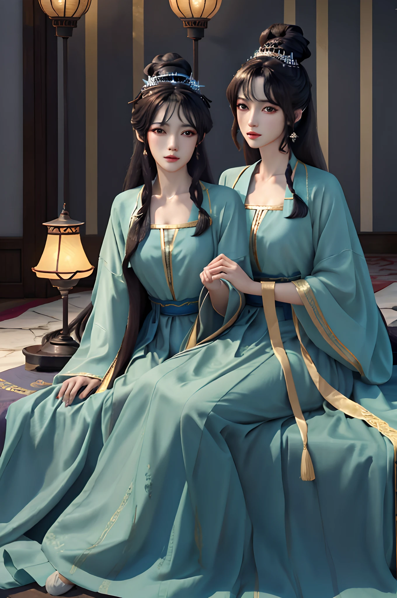 Top quality, Best quality, High-quality illustrations, Masterpiece, Super high resolution, Detailed background, Detailed background, duo,two concubines,Aladdin, Entertainment at the Arabian Palace, Sassanid dynasty, Turkish lamps,group picture:0.1, 6+Women, 6+Girls, absurderes(Highly detailed beautiful face and eyes)Perfect anatomy, expression, Good lighting, cinematic shadow,(komono,),