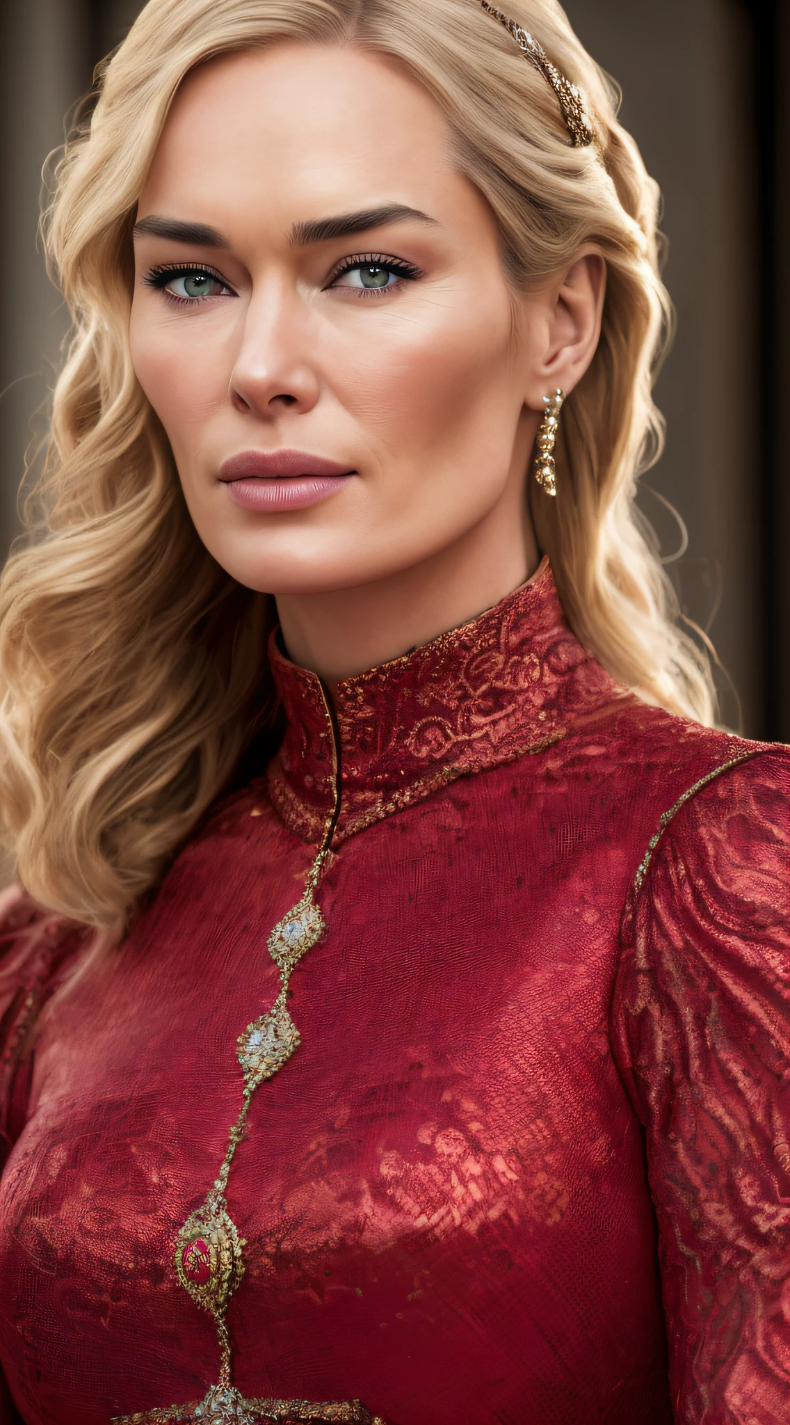 hyper real photo of [Cersei Lannister|Lena Headey], beautiful, sexy, 1girl, blond, make-up, realistic proportions, realistic pupils, limited palette, highres, absurdres, cinematic lighting, 8k resolution, front lit, HDR, sunrise, RAW photo, Nikon 85mm, Award Winning, Glamour Photograph, extremely detailed, mind-bending, (red dress:1.2)