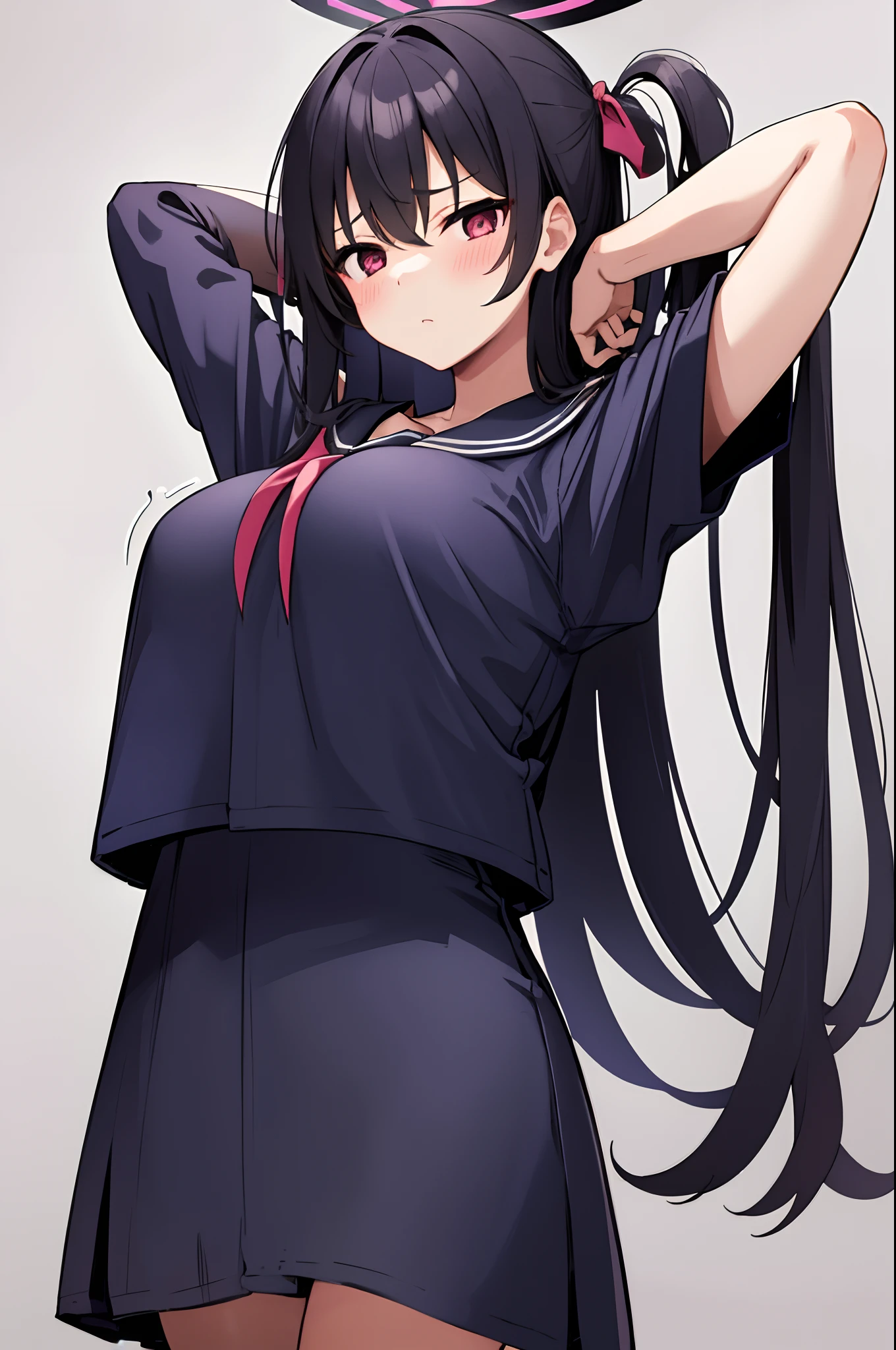 1girl, (Large  breasts:1.3) , simple background, overhang , arms behind head, , tsurugi (blue archive) , black serafuku , halo, impossible clothes, black hair , very long hair , expressionless, blush,