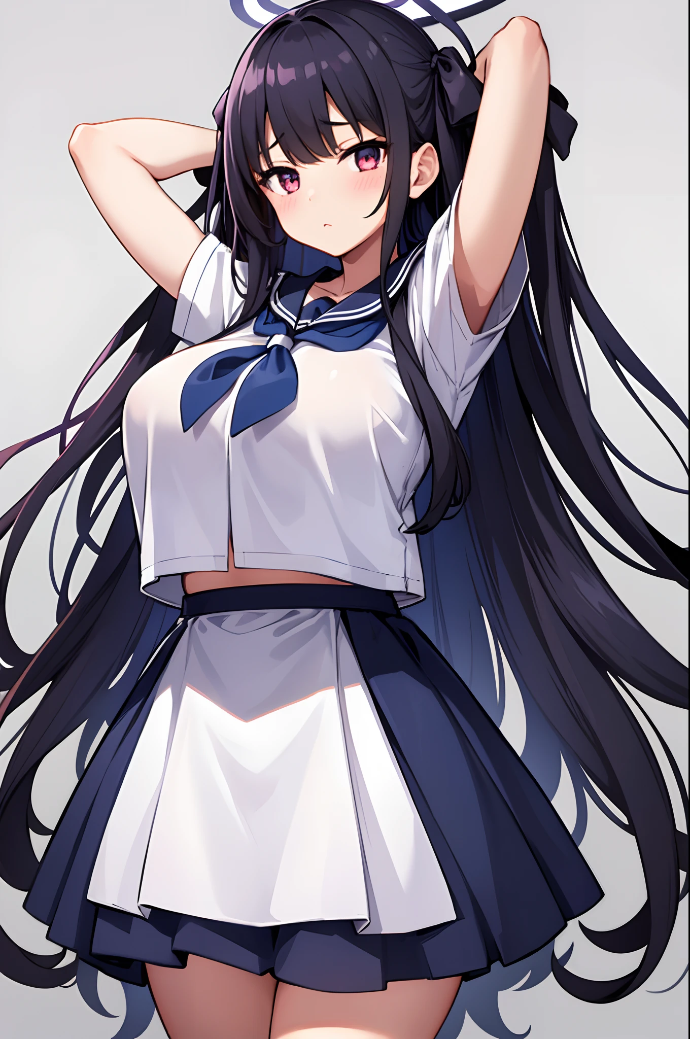 1girl, (Large breasts:1.3) , simple background, overhang , arms behind head, , tsurugi (blue archive) , black serafuku , halo, impossible clothes, black hair , very long hair , expressionless, blush,