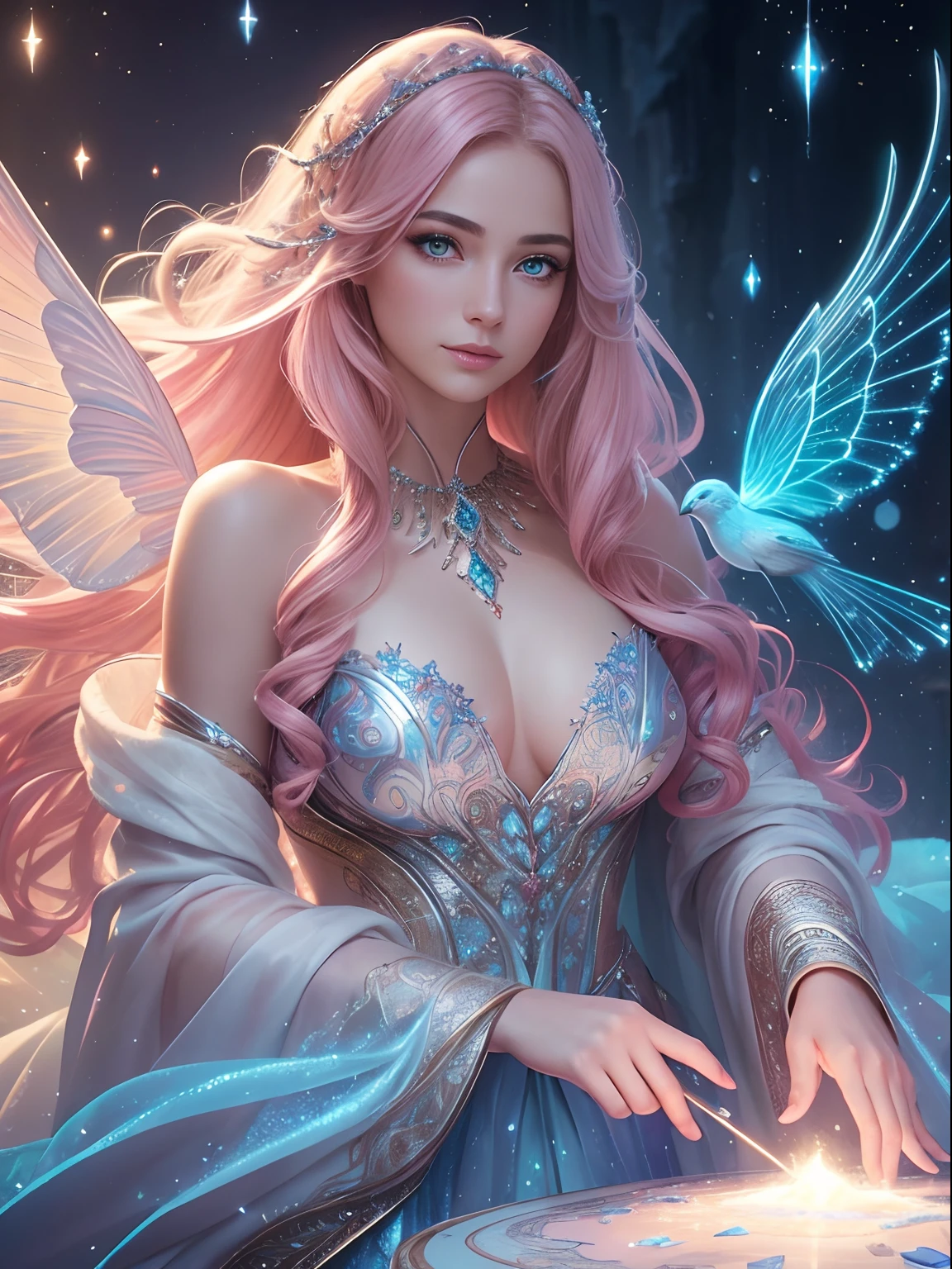 Generate a pretty and realistic fantasy artwork with bold jewel-toned ((((pink and blue)))) hues, pretty glitter and shimmer, and lots of snowflakes. Generate a luminous and petite woman with curly hair, metallic hair, and realistically textured hair. Her skin is pure white and seems to glow in the light. The woman's face is important: include ((soft, puffy, big lips, elegant features, and the most beautiful detailed macro eyes)) in the world. The woman is in a winter landscape with soft falling snow and snowflakes, soft white fur, subtle iridescent details, subtle phantasmal iridescent details, and intricate and delicate jewelry that glimmers in the light. Include many small fantasy details like gossamer silk, feathers, delicate and stunning embroidery, and luminous lighting that glimmers. The woman's face is unobscured by details and her eyes are sharp and in high resolution. Incorporate dreamy colors, dynamic lighting, and detailed background elements to create a sense of awe and immersion. Include colorful flying magical birds and jewel-toned butterflies radiating a magical aura. Consider the latest trends in fantasy art, such as incorporating unique lighting effects, exploring dynamic and compelling composition techniques, and experimenting with unique color palettes. Take inspiration from the top artists on ArtStation and Midjourney. Camera: Choose an angle that highlights the character's beauty and enhances the magical majesty of the artwork. Lighting: Utilize atmospheric lighting techniques to create depth and mood. Resolution: Aim for a high-resolution artwork to showcase intricate details and clarity. Art Inspirations: Seek inspiration from the trending artists on ArtStation, exploring different styles, genres, and themes. white skin, pale skin, really pale skin, really white skin, beautiful eyes, fantasy details, shimmer, glimmer, magical birds, magical butterflies, ornate, (((masterpiece))), add_detail:1, earth \(planet\),