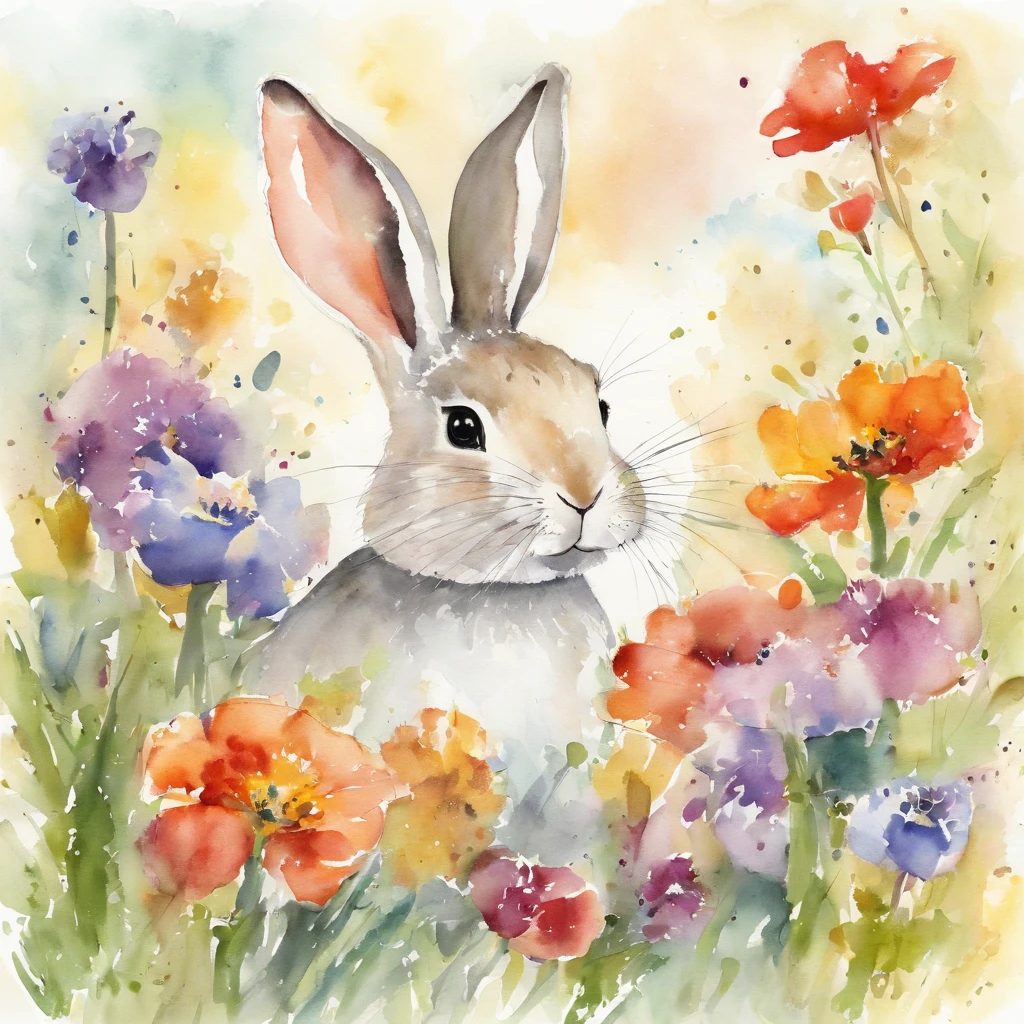 A painting of a rabbit in a field of flowers - SeaArt AI