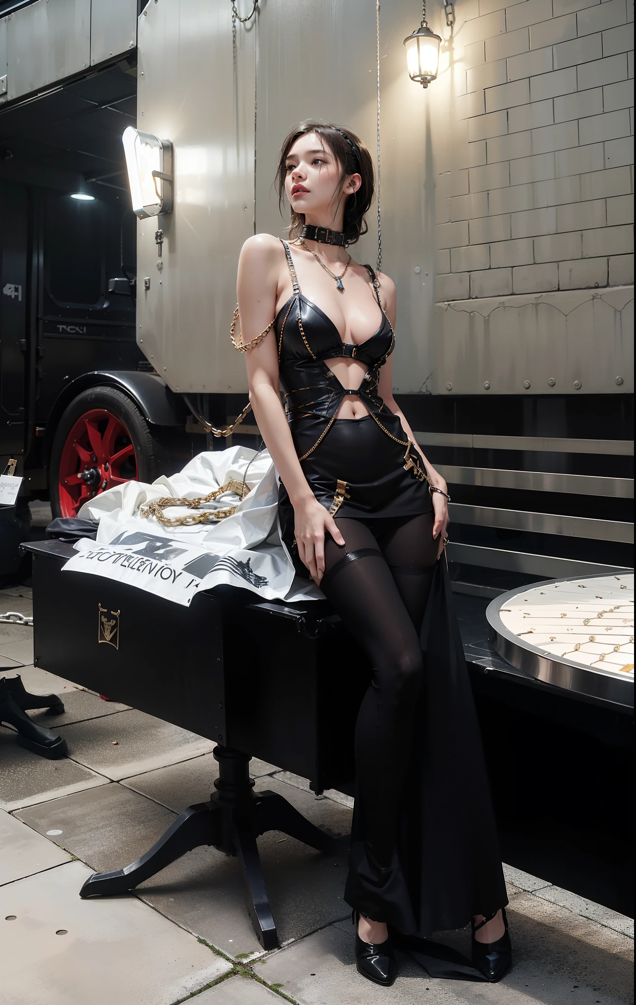 ,((Wearing a torn sheer costume of a superheroine)),(, No bra)), Wet crotch, Wet thighs, Beautiful girl with accentuated slender abs: 1.4, (((nipple tips protruding, areola is protruding, The shape of the pubic region is clearly visible)), sixpack abs: 1.4, Bust Botox, Photo, Sharpness, Unique 850 4, Koda850 k portrait camera, F1.6 shots, Ultra-realistic textures, Spectacular light textures, Cinestil 800 Fashion Mechanics, (futuristic sci-fi battle fashion: 1.1), (tied perfectly by chain), Restraint, Slaves, collars, ((wide prison with sunlight)), Dark fantasy, Realistic material details, extreme hight detail, Ultra-realistic materials ((Torn costume))), Wet, Cloudy, (Chained)), ((big emphasized by chains)), ((chains digging into crotch)), ( (Collar)), (, No bra), shredded costumes, broken golden shields and battle spears,, White combat gloves, Combat shoulder armor, Blood splattered on the face, Blood splattered, Realistic, (Bruises, Dirty, ripped clothing, skimpy clothing, Blood: 1.3), Torn Cape, Torn pantyhose, Long legs, ((iron pipe in the crotch)), Metallic shackles and fetters, ((chains hung from heaven)), Wet crotch is clearly visible, Swarovski's sword and the anatomy beneath his feet, (futuristic sci-fi battle fashion, Torn mesh stockings),