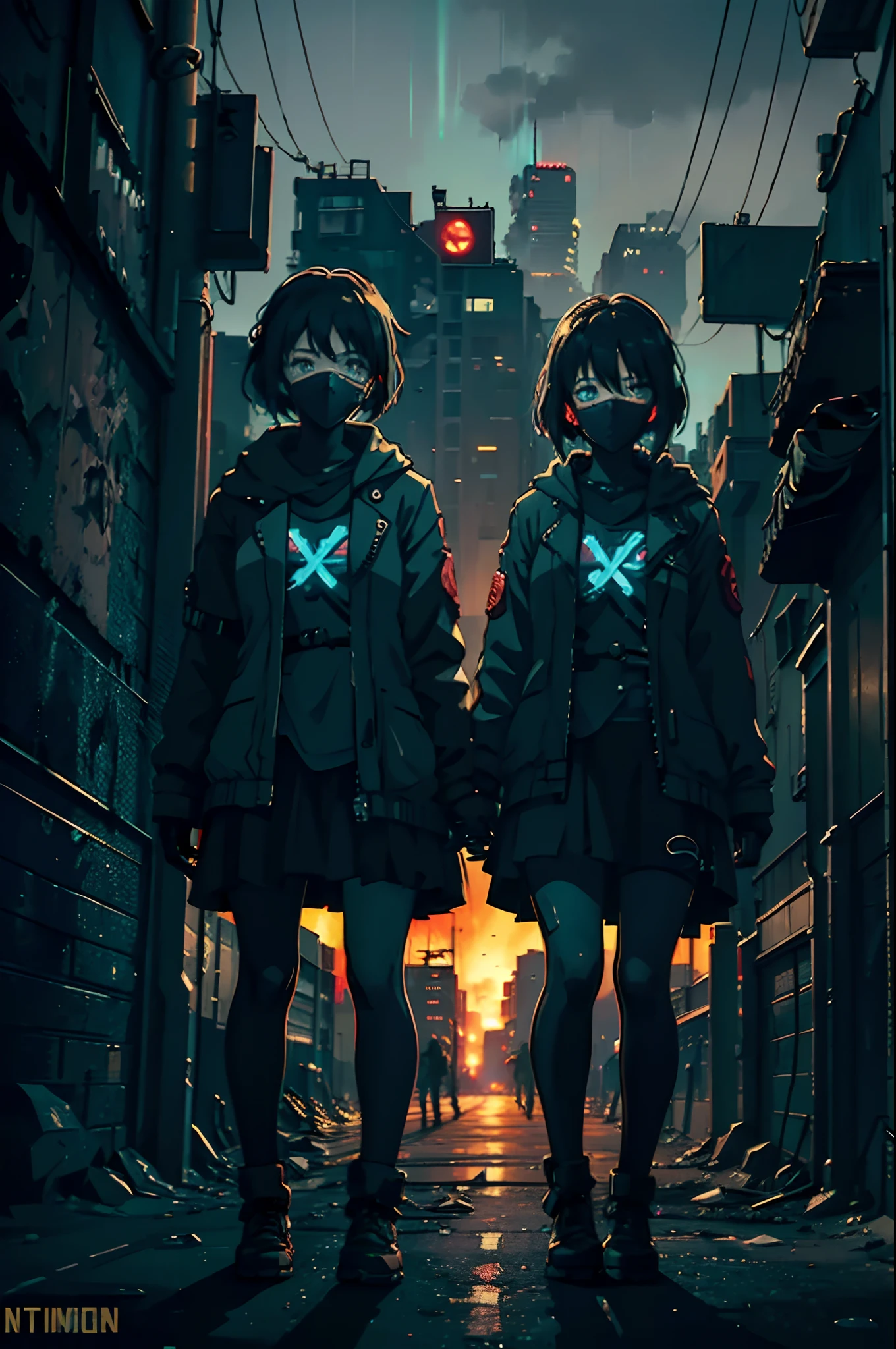 two girls kiss (they hide their lips) on a dystopian, post-apocalyptic city street, with an atomic bomb explosion on the horizon. Dark night, neon lights. cyberpunk style. high quality image