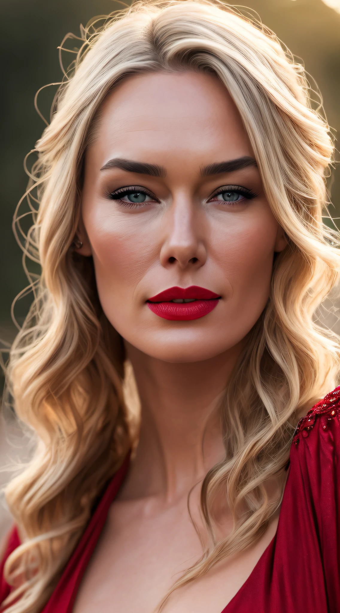 hyper real photo of [Cersei Lannister|Lena Headey], beautiful, sexy, 1girl, blond, make-up, red lips, realistic proportions, realistic pupils, limited palette, highres, absurdres, cinematic lighting, 8k resolution, front lit, HDR, sunrise, RAW photo, Nikon 85mm, Award Winning, Glamour Photograph, extremely detailed, mind-bending, (red dress:1.2)