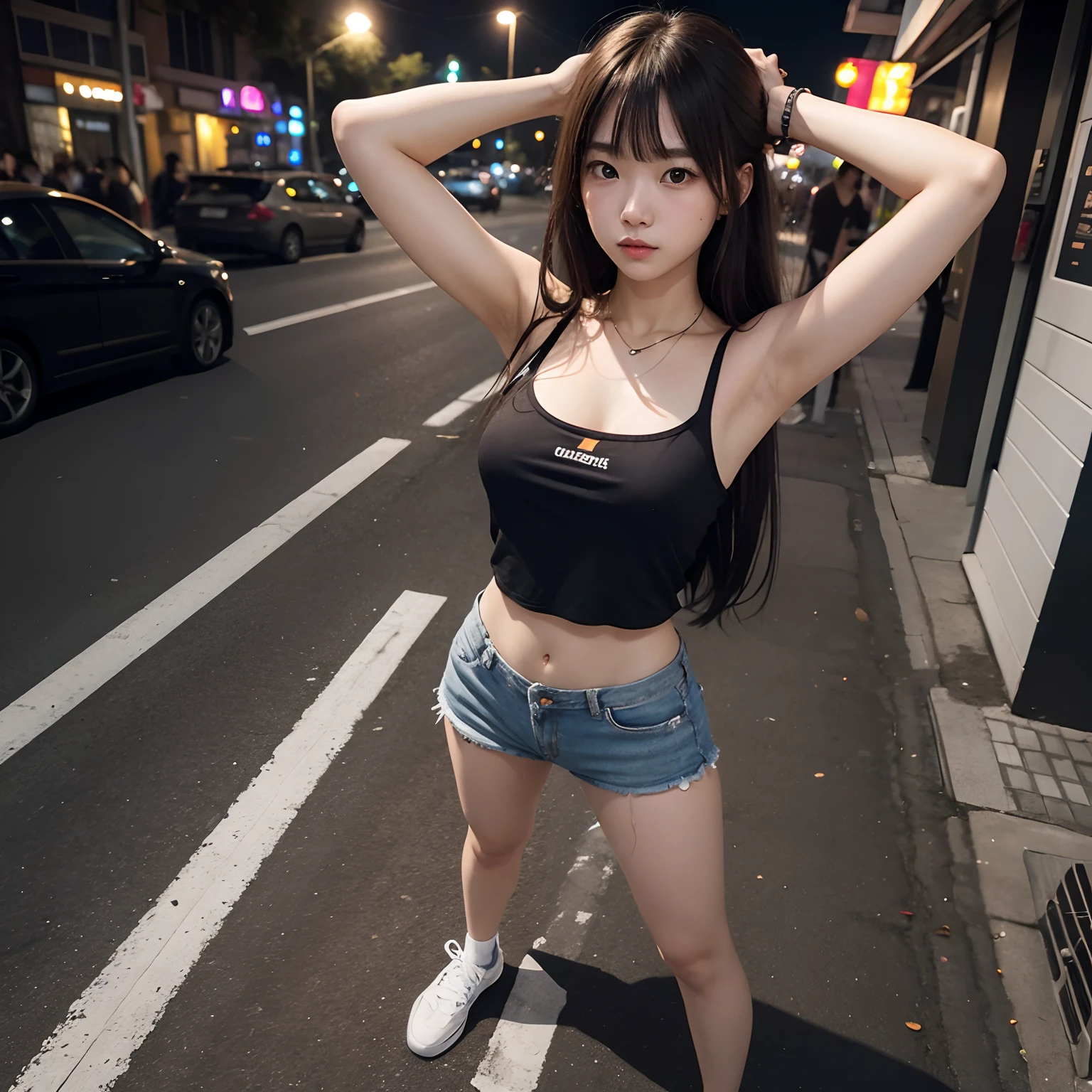 (1girl), solo, armpit, long hair, full body, tang top, short pants, street night