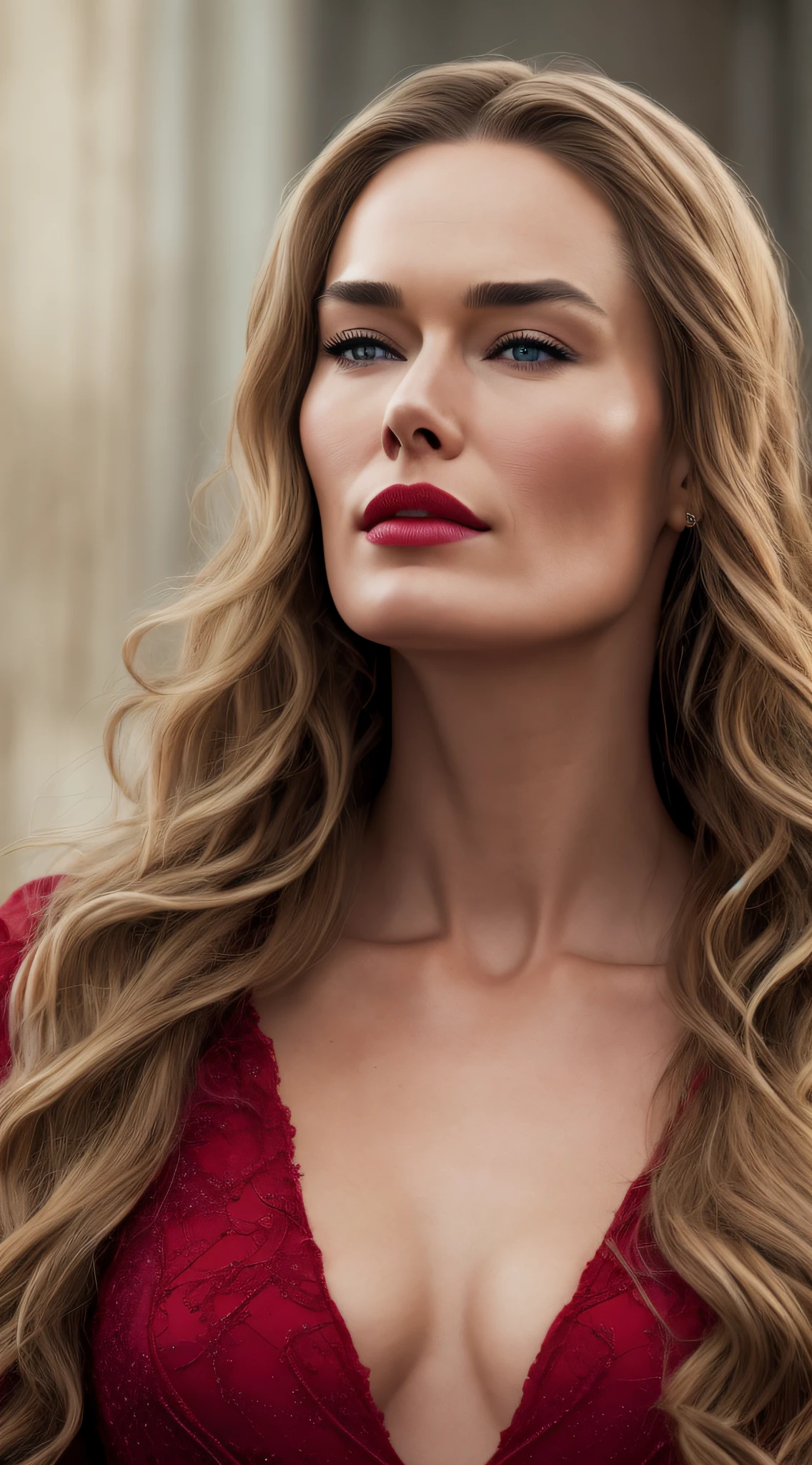 hyper real photo of [Cersei Lannister|Lena Headey], beautiful, sexy, 1girl, blond, make-up, red lips, realistic proportions, realistic pupils, limited palette, highres, absurdres, cinematic lighting, 8k resolution, front lit, HDR, sunrise, RAW photo, Nikon 85mm, Award Winning, Glamour Photograph, extremely detailed, mind-bending, (red dress:1.2)