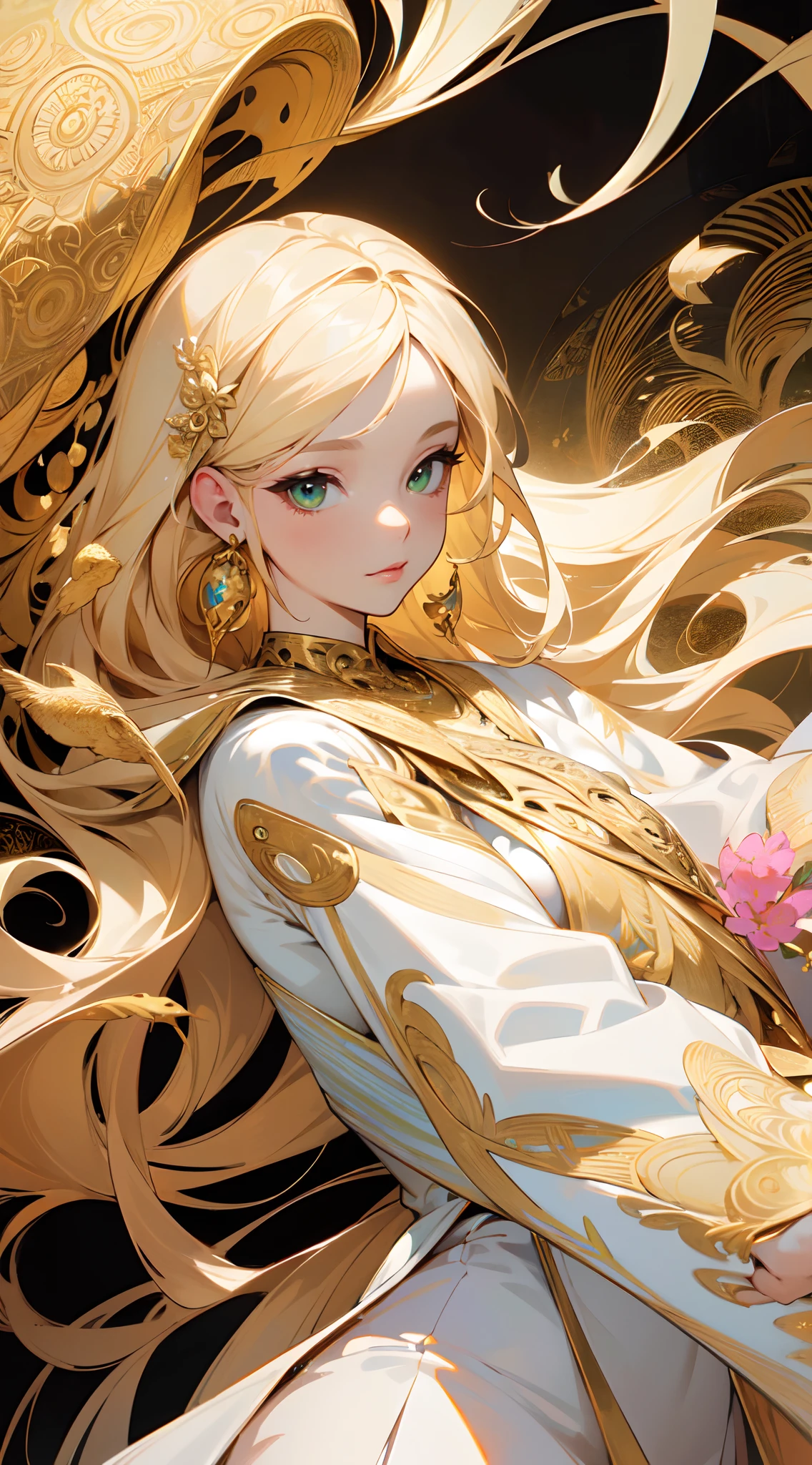 realistic, (masterpiece, top quality, best quality, official art, beautiful and aesthetic:1.2), extremely detailed,fractal art,colorful,highest detailed,zentangle,(abstract background:1.3)
, (golden birds), ((close up head shot:1)) , Beautiful woman , extremely long hair , blonde hair , green eyes , 32,
Wearing a white outfit , gold metal accessories, pink flowers accessories, white shawl, short white skirt ,